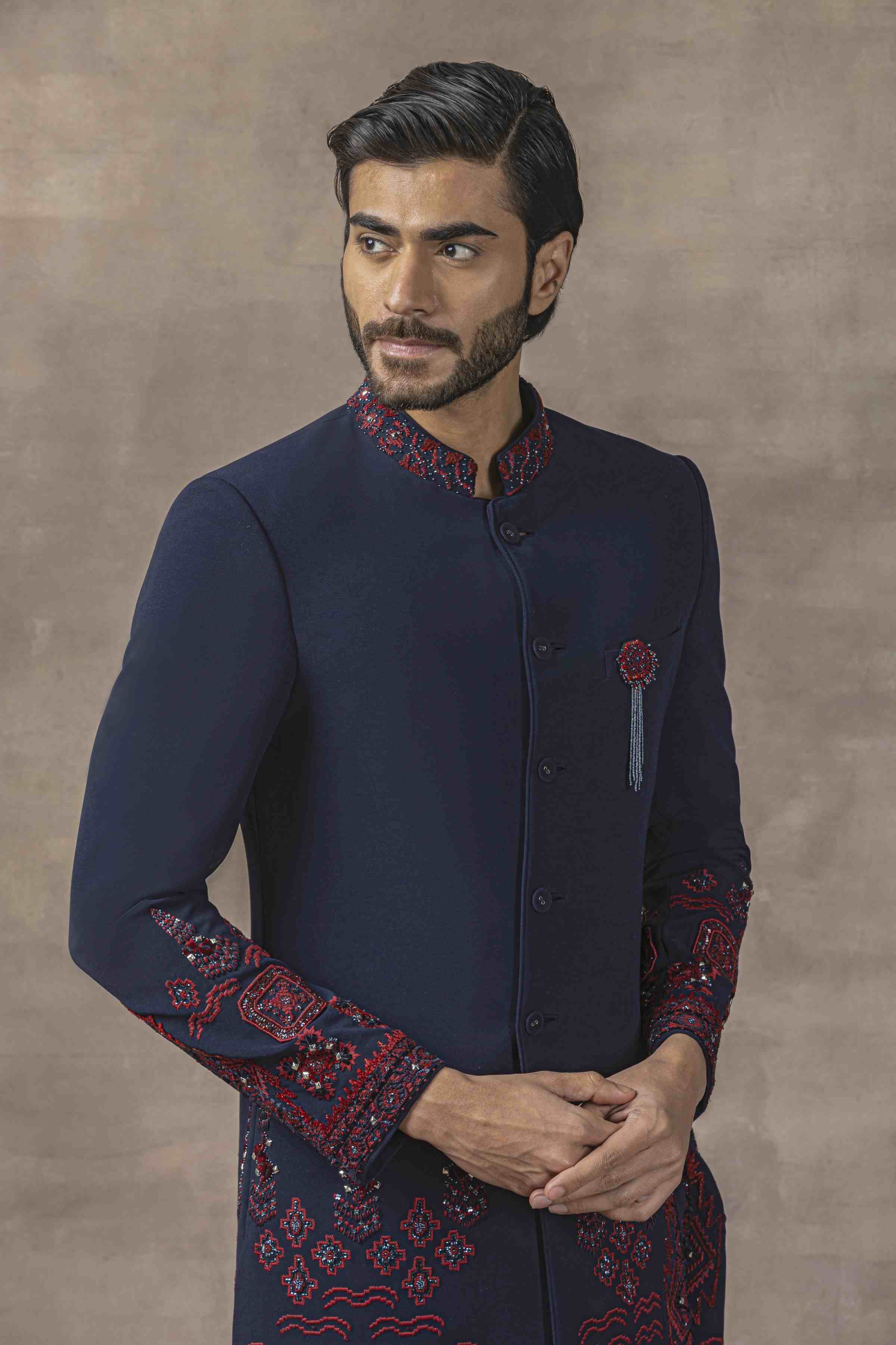 Oxblood Red And Navy Embroidered Indo-Western