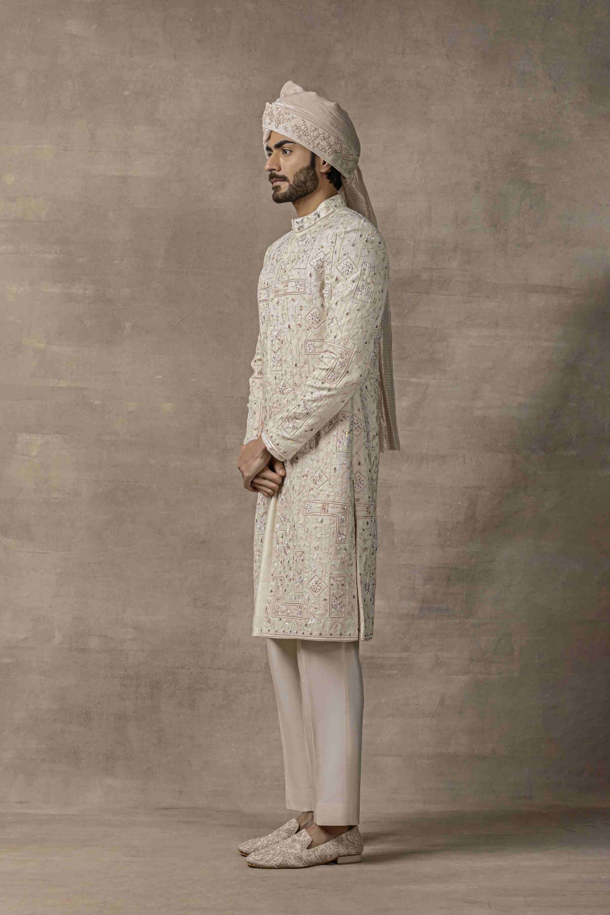 Ivory Sherwani With Pink Embroidery Highlighted With Sequin