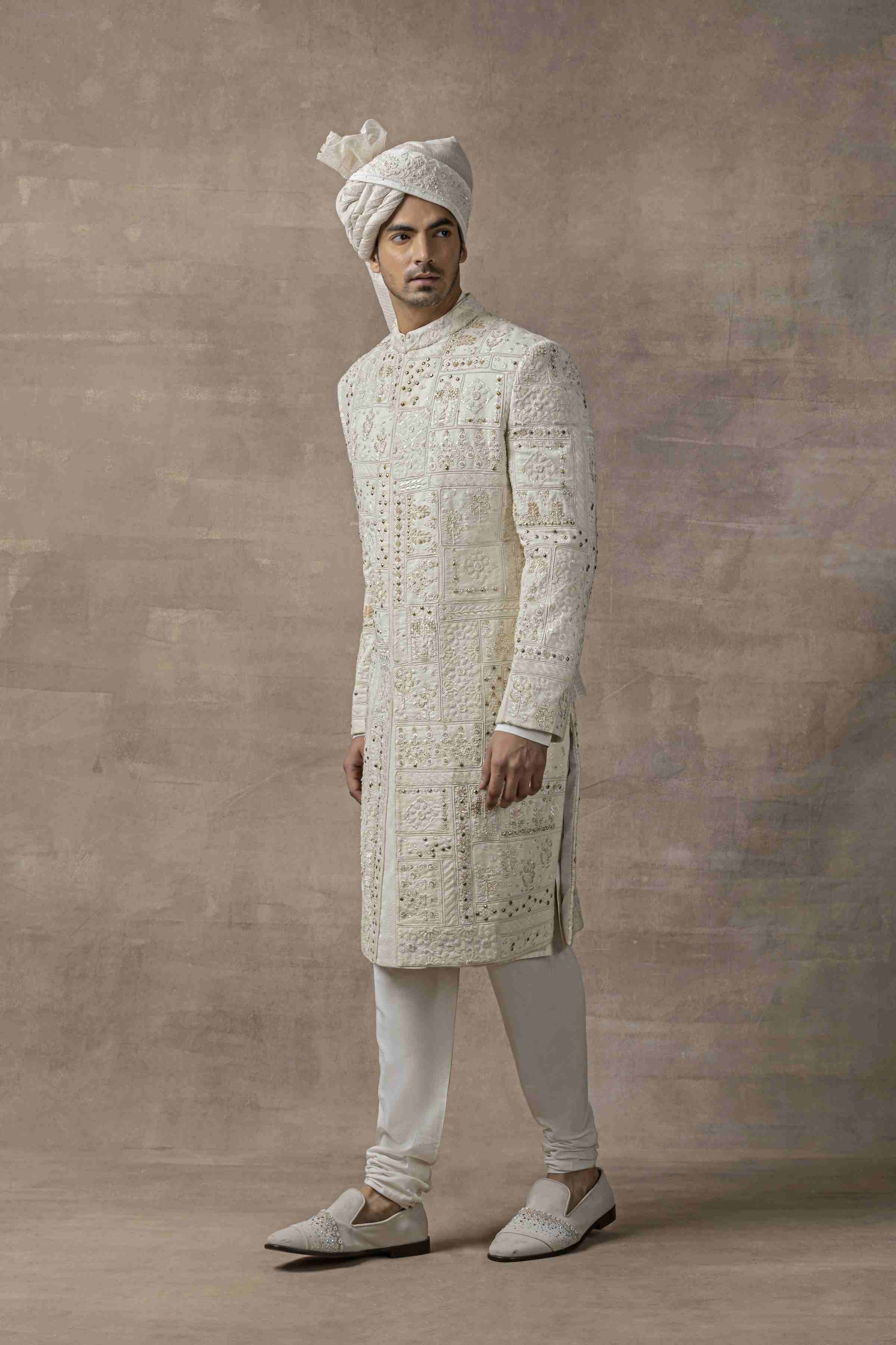 Ivory Sherwani With Rivet And Thread Work