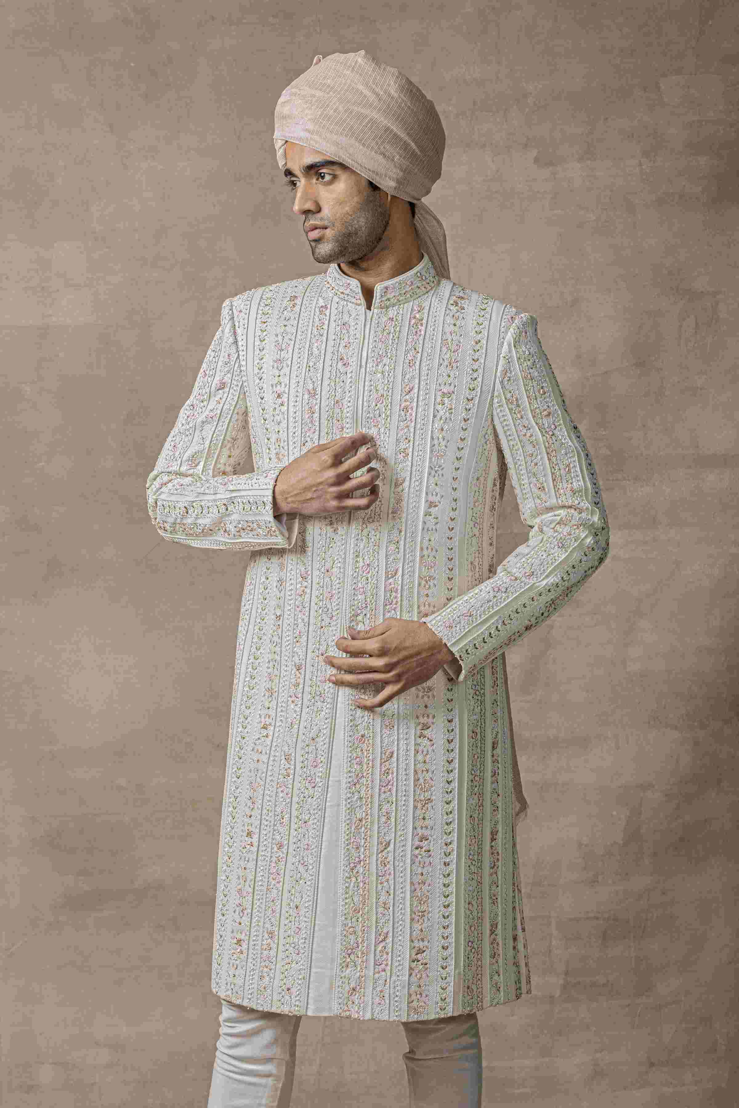 Ivory Sherwani Highlighted With Thread And Pearl Work