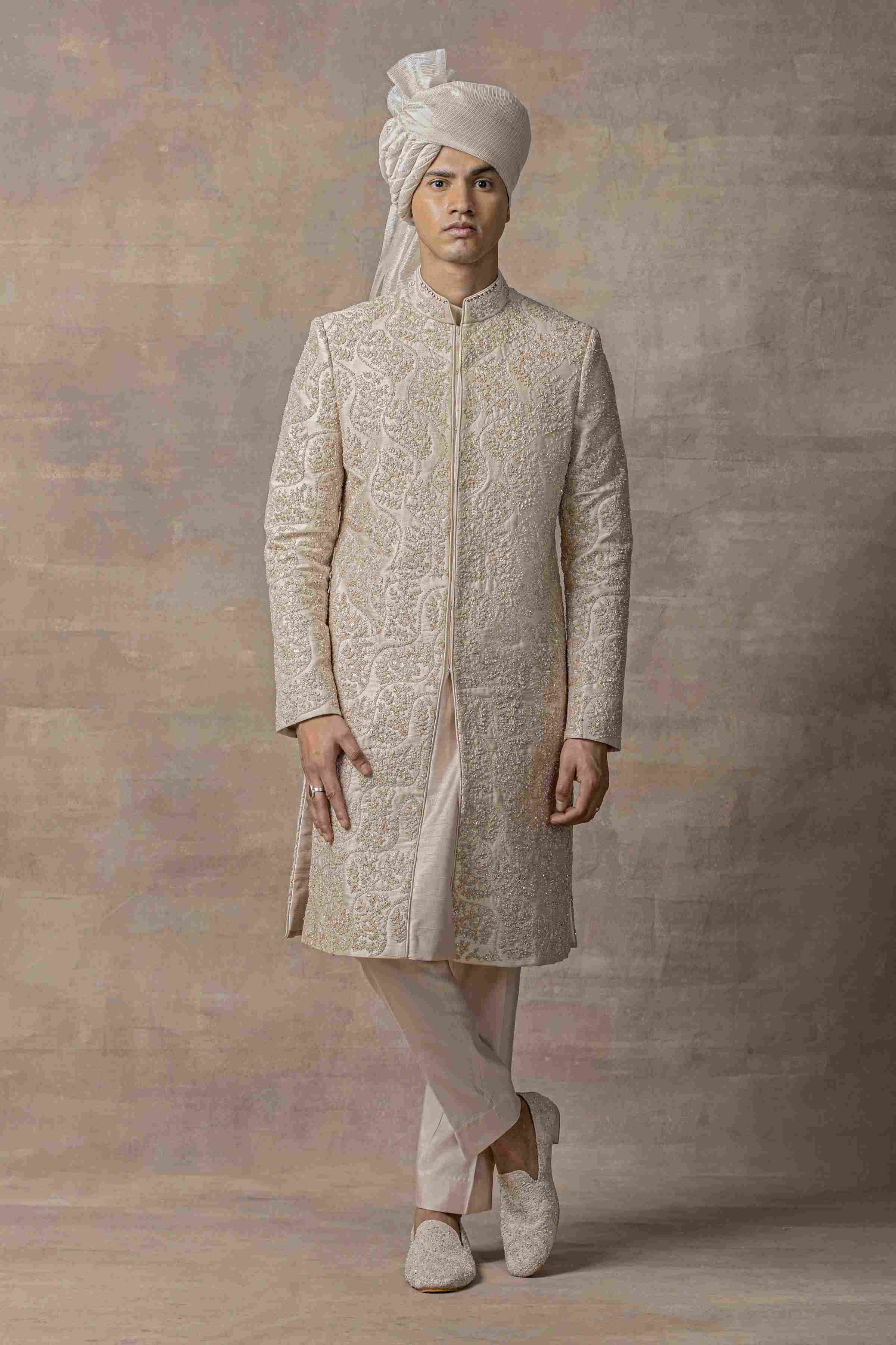 Rose Gold Sherwani Highlighted With Rose Gold Zari And Thread
