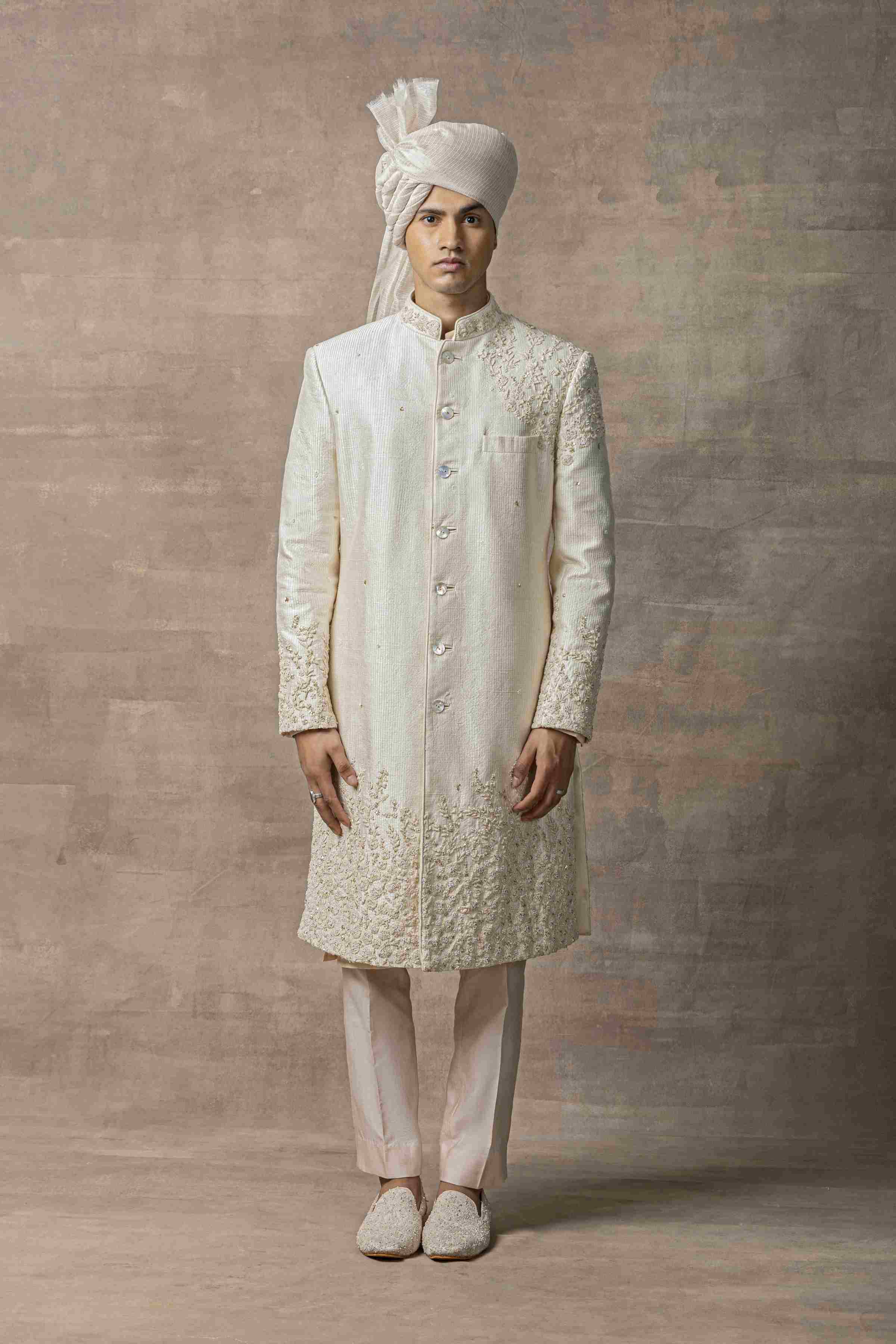 Off White Dhagai Sherwani With Placement Dori Work Highlighted With Pearl And Sequin