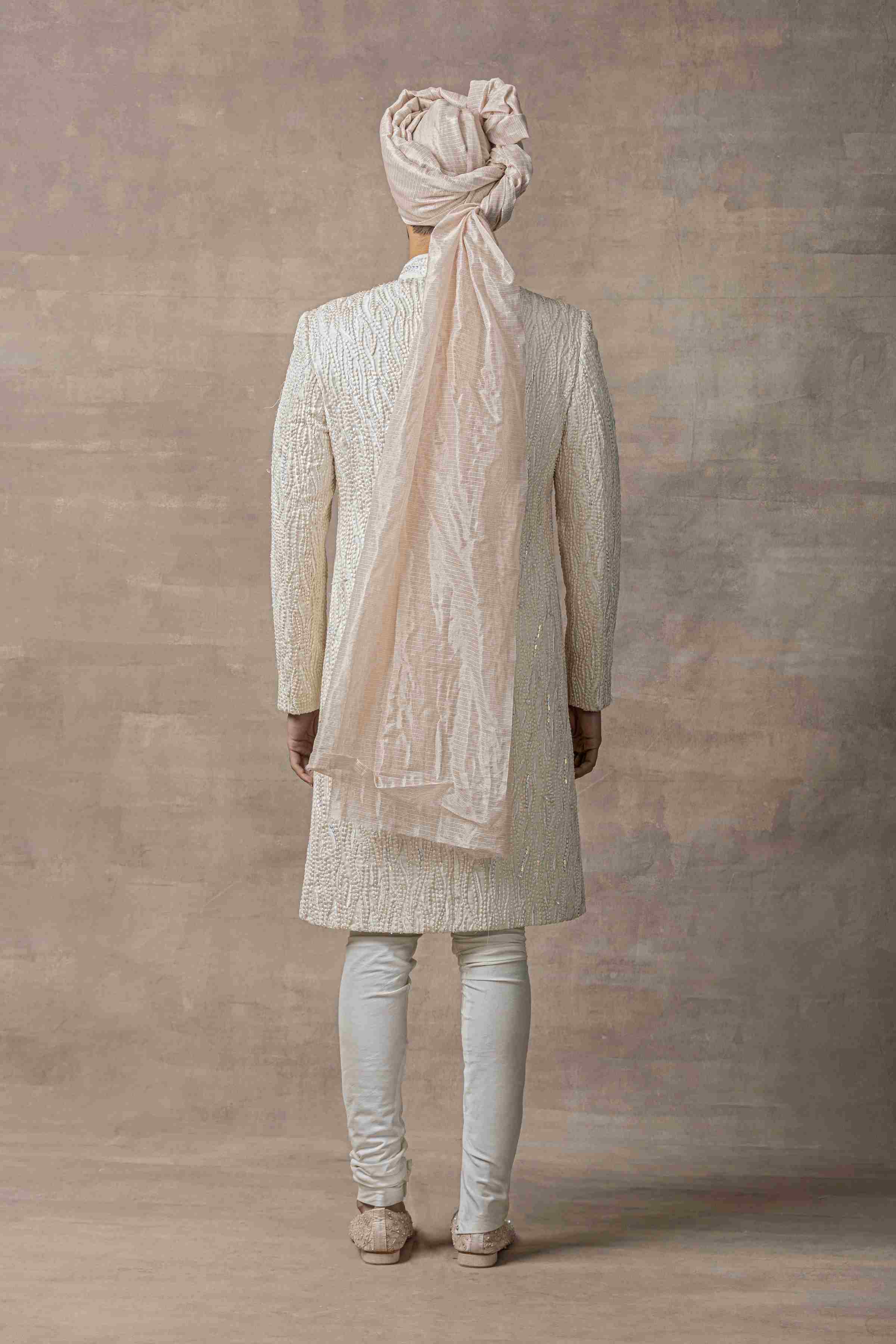 Off White Dhagai Sherwani With Placement Dori Work Highlighted With Pearl And Sequin