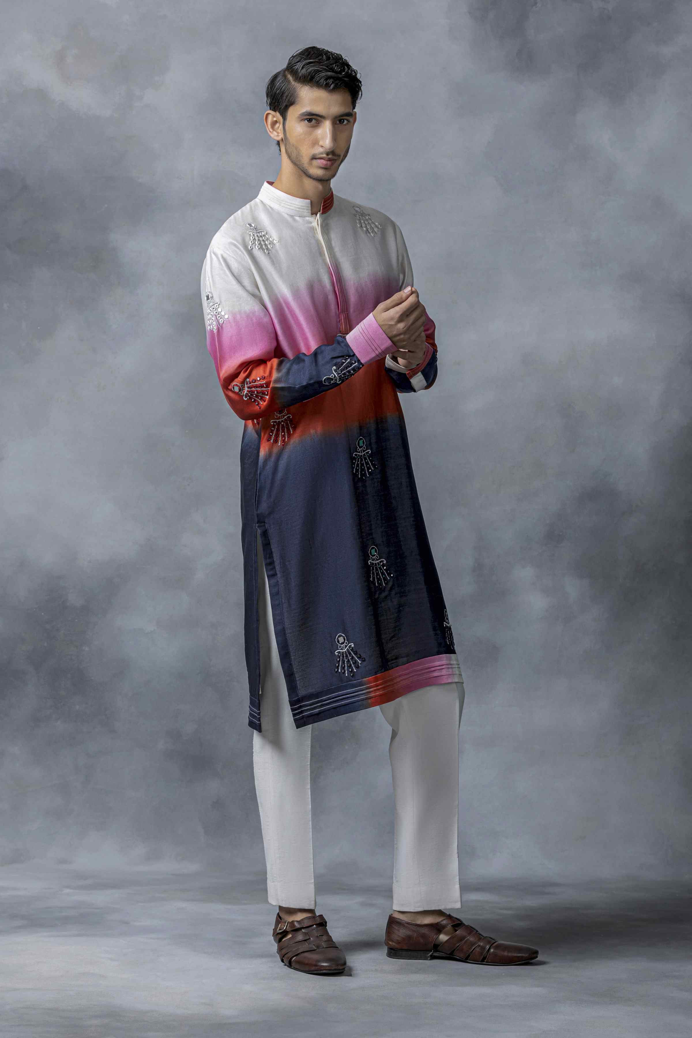 Red, Blue & Off White Ombre Sequin Kurta Set