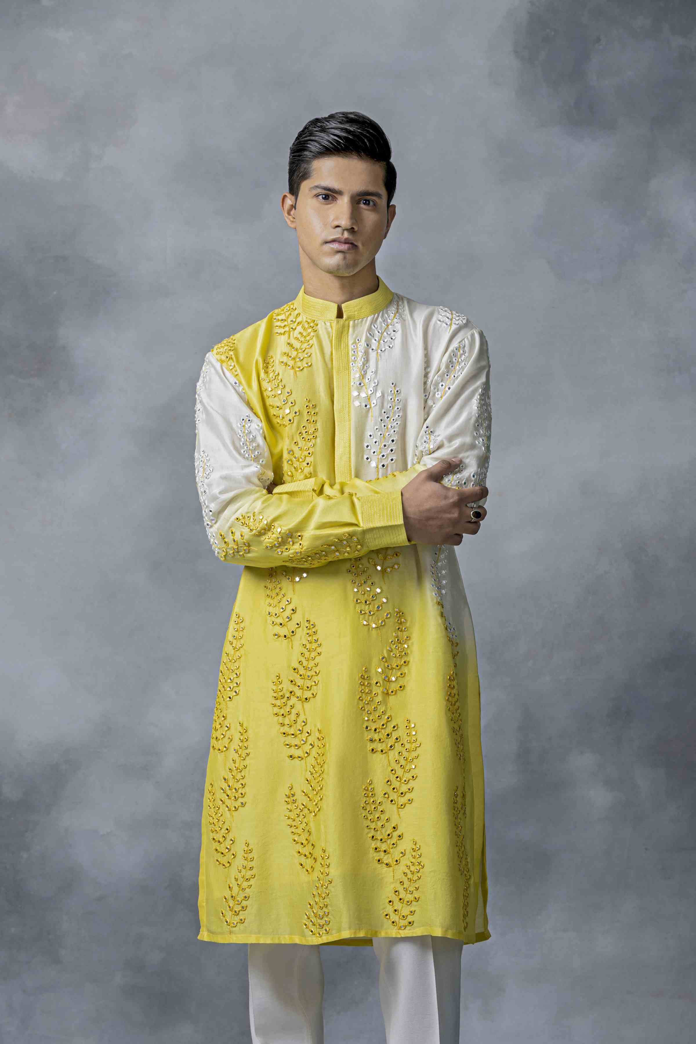 Yellow And White Mirror Work Kurta Set