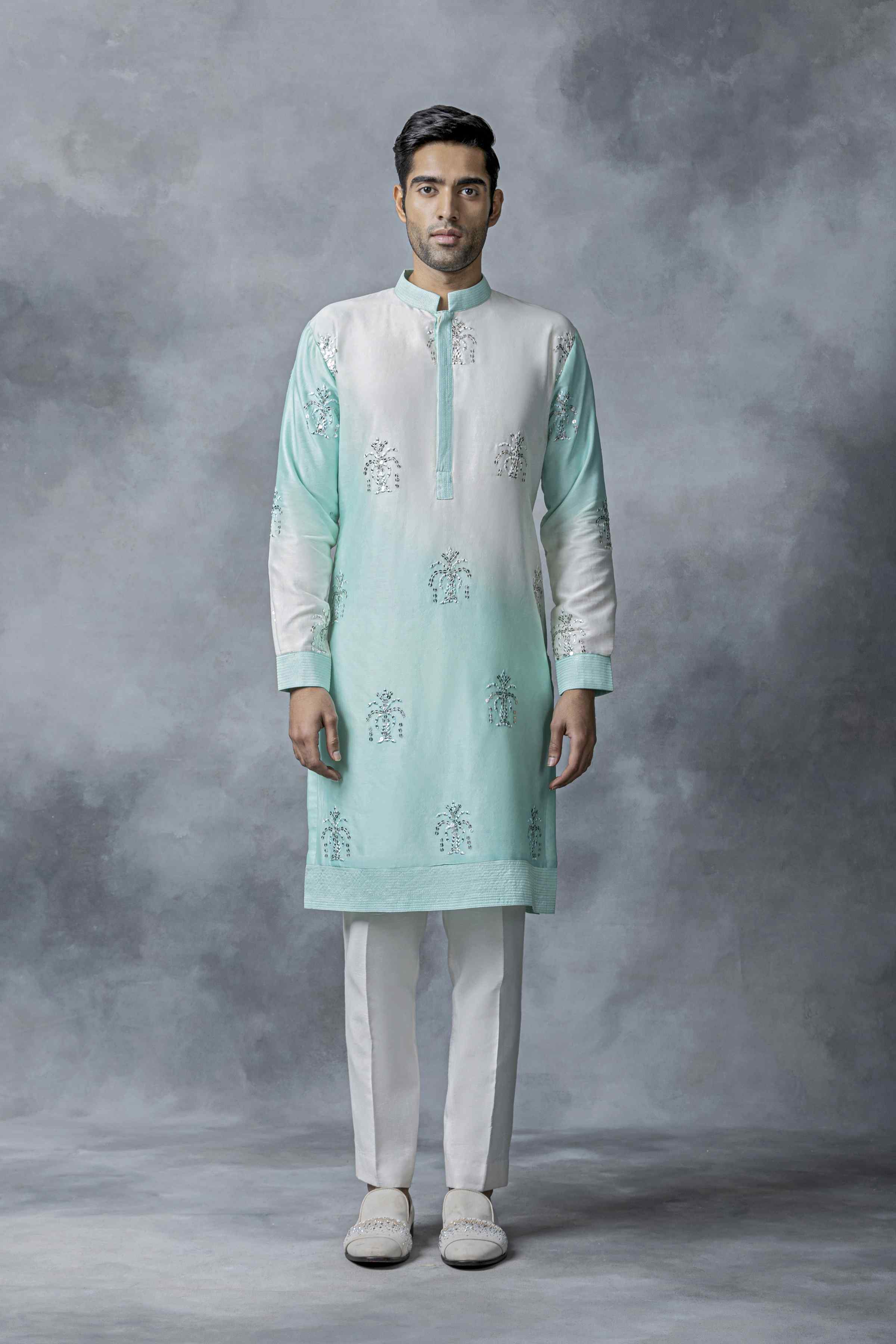 Off White And Sea Green Ombre Kurta Set