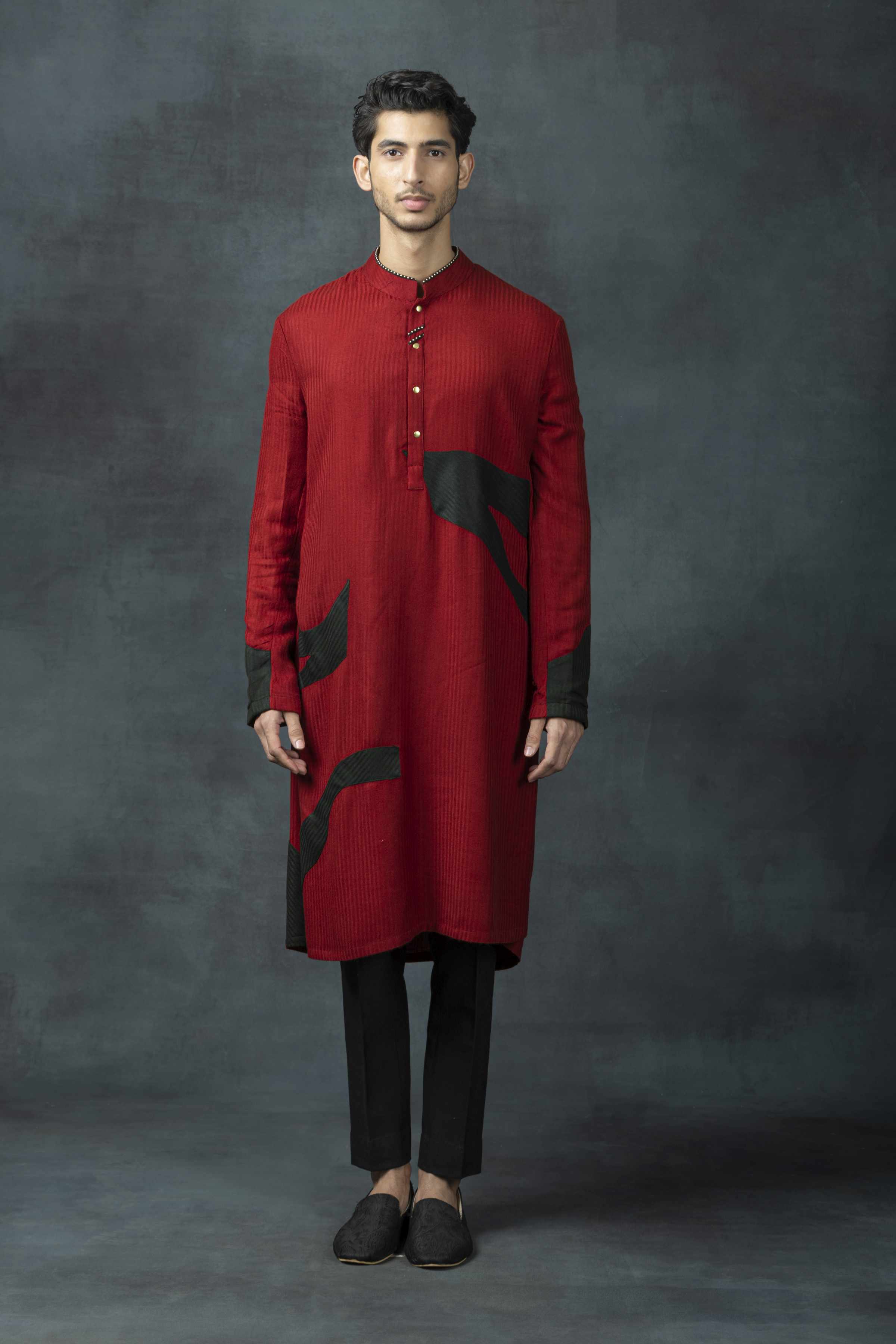 Red And Navy Patch Kurta Set