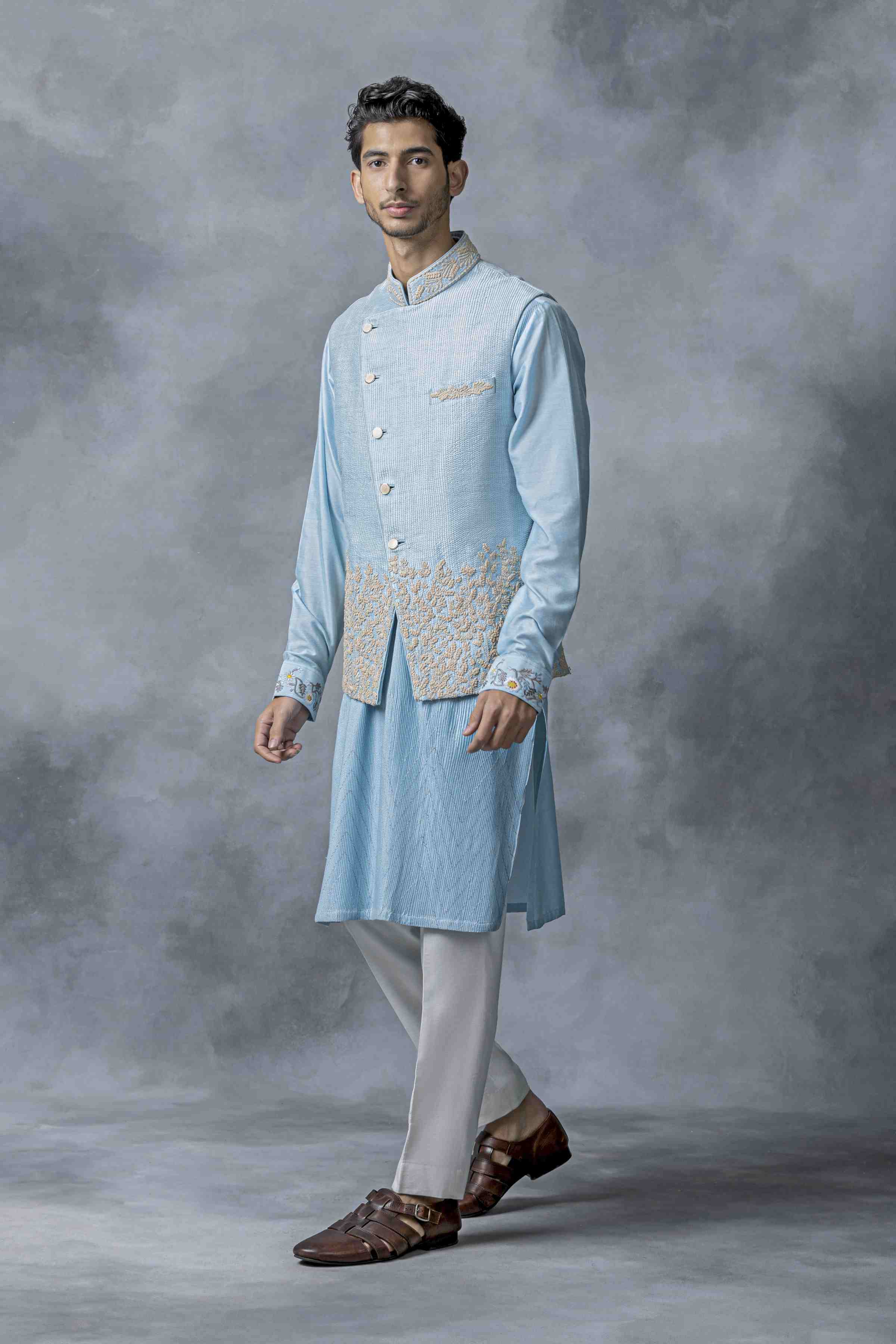 Sky Blue Angrakha Cut Waistcoat Set