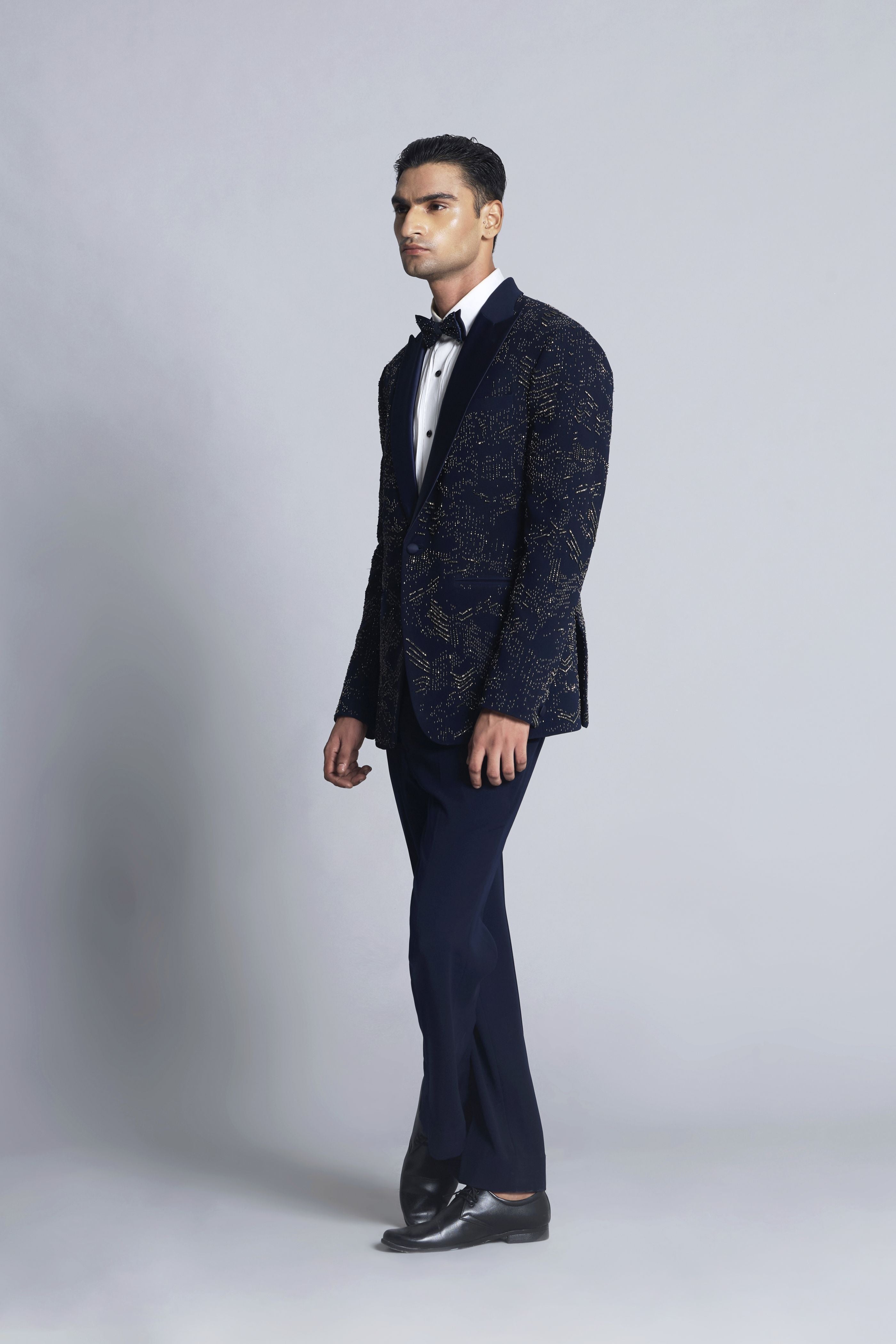 Navy blue Sandwash Pearl Embroidered Tuxedo Set