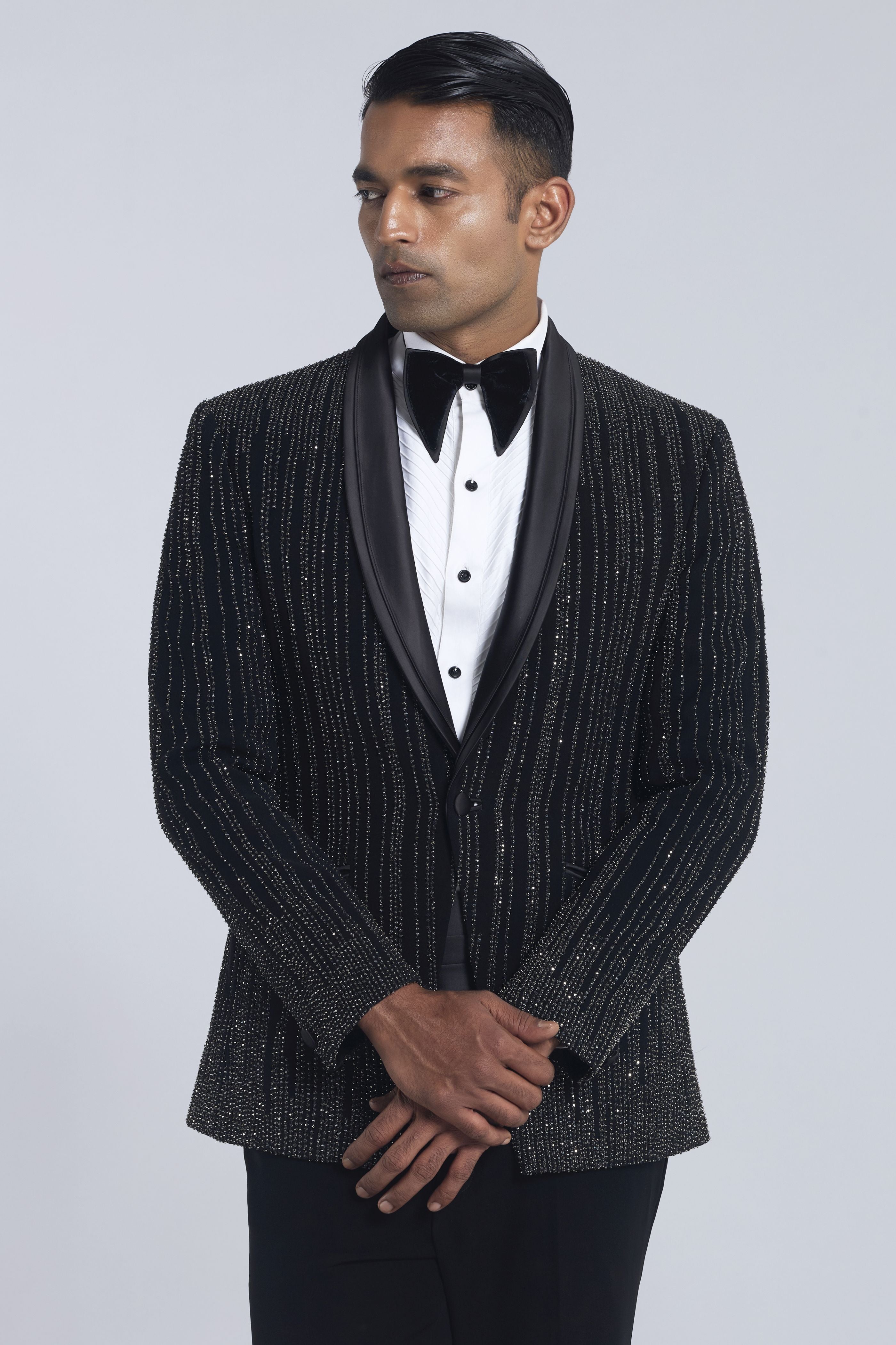 Black Sandwash Pearl Embroidered Tuxedo Set