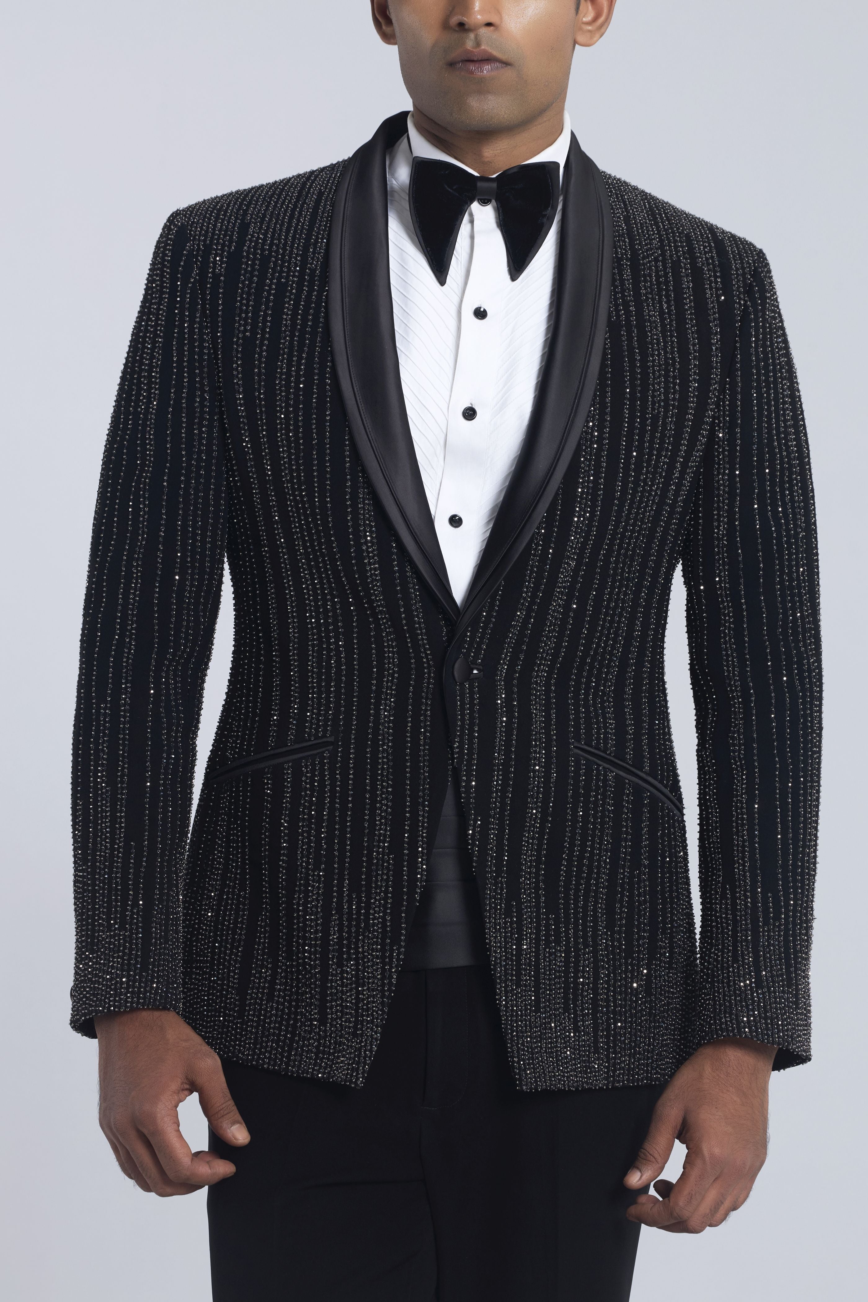 Black Sandwash Pearl Embroidered Tuxedo Set