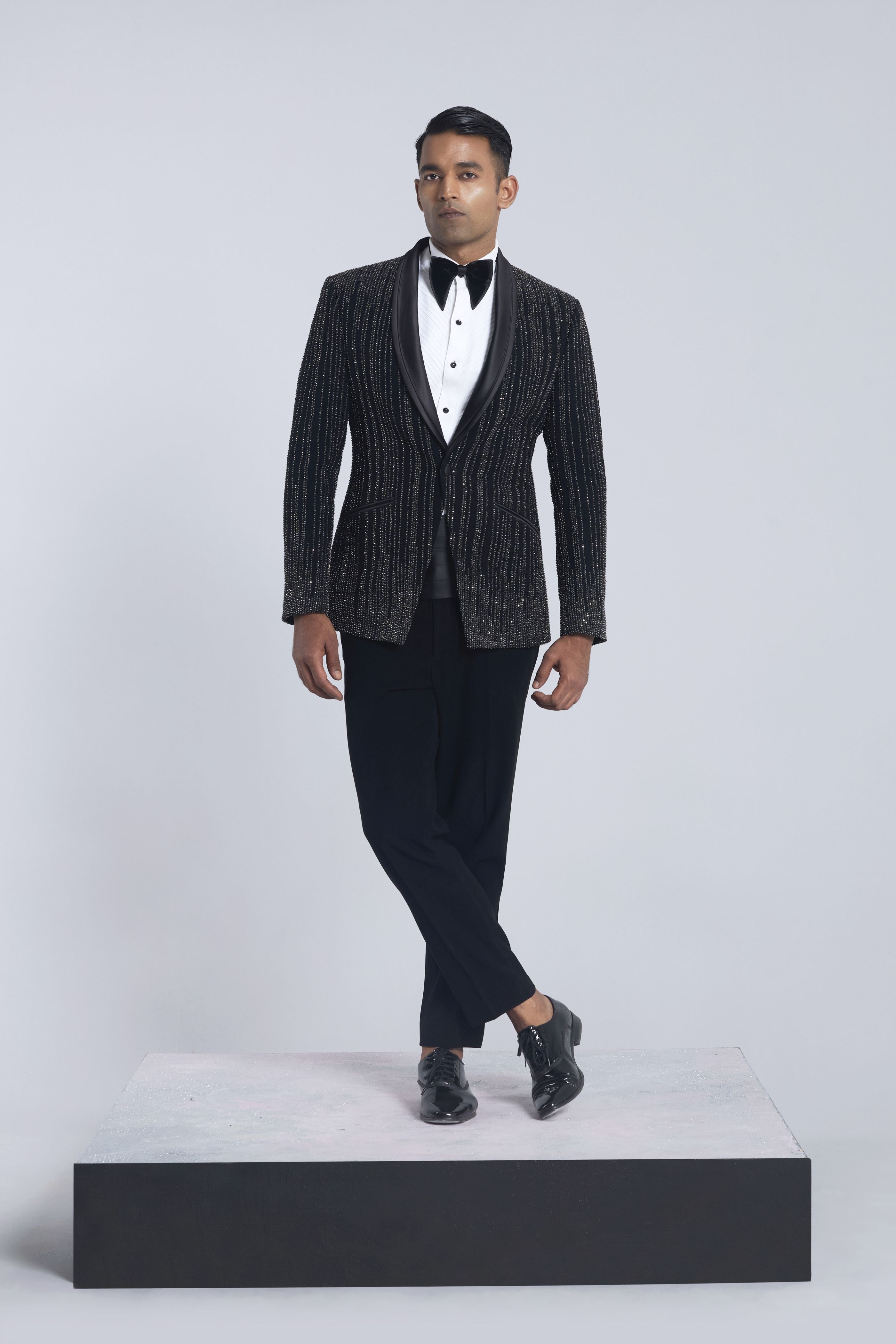 Black Sandwash Pearl Embroidered Tuxedo Set
