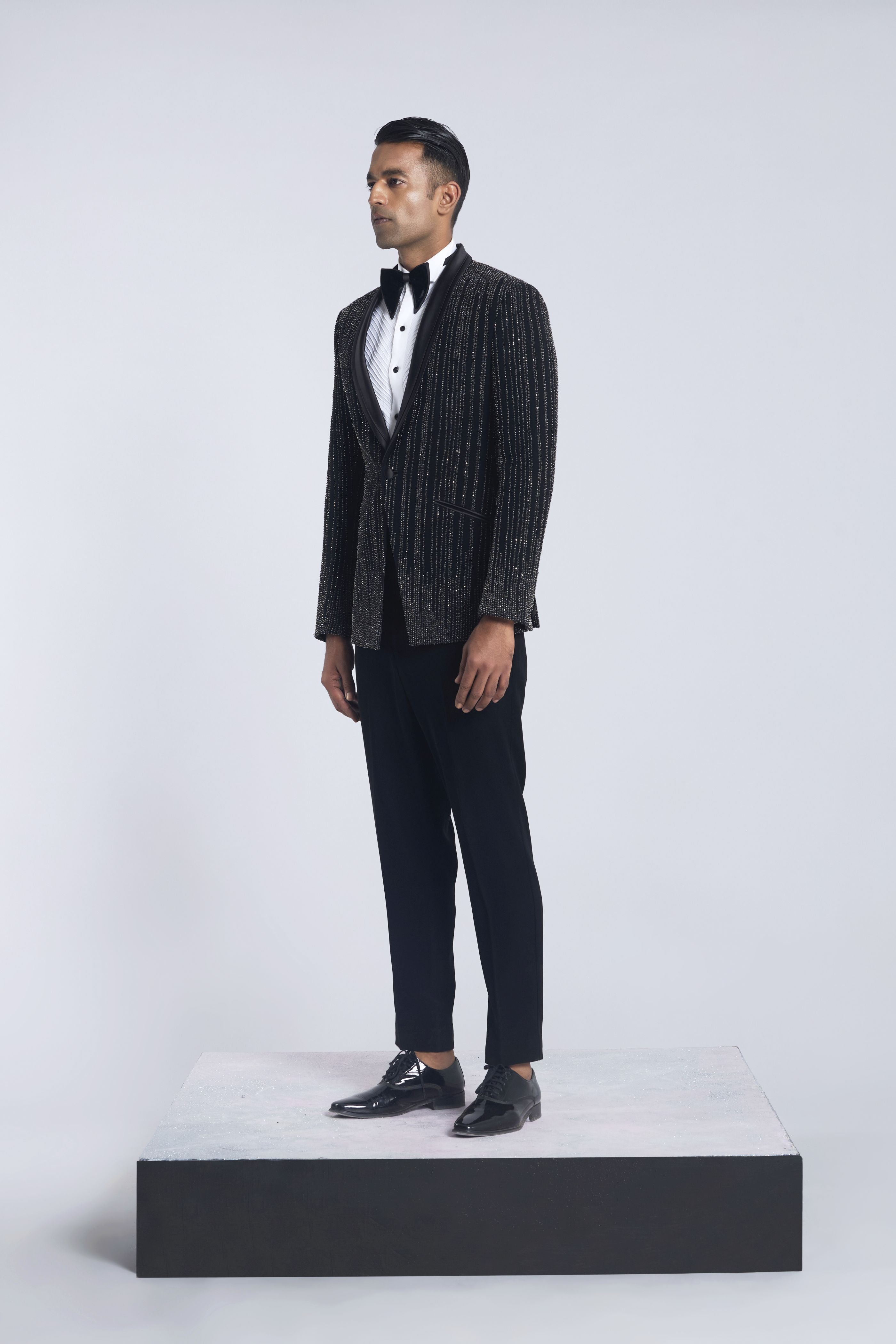 Black Sandwash Pearl Embroidered Tuxedo Set