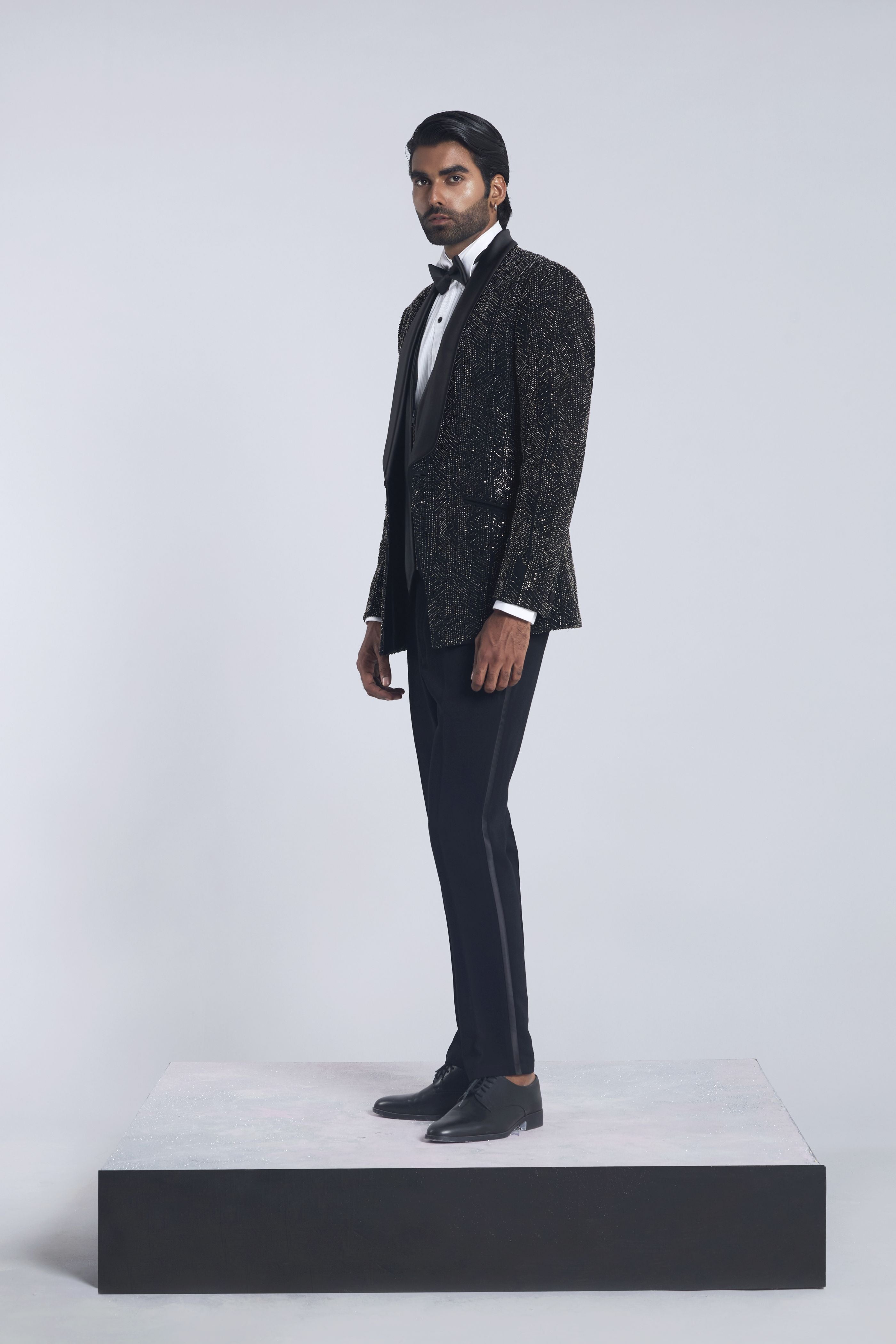 Black Sandwash Pearl Embroidered Tuxedo Set