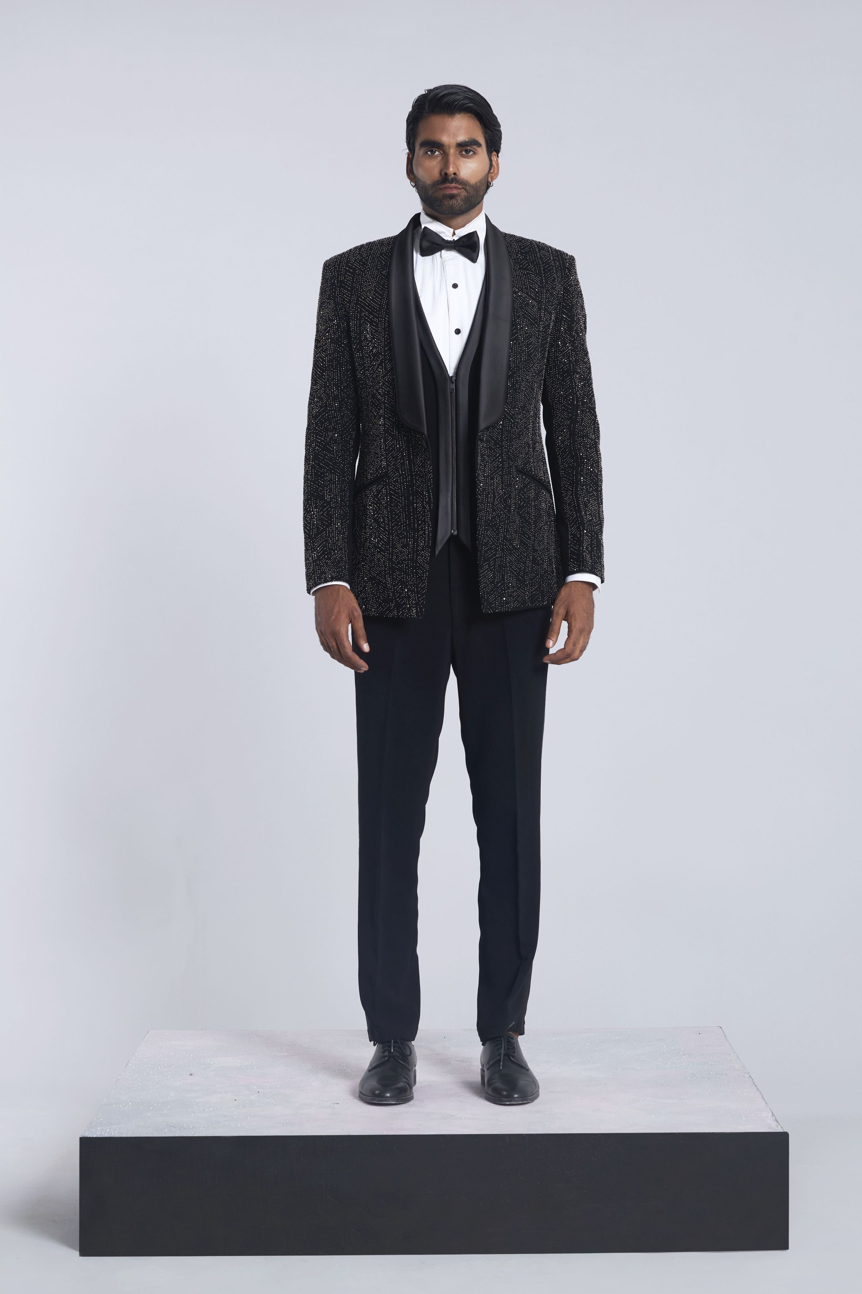Black Sandwash Pearl Embroidered Tuxedo Set