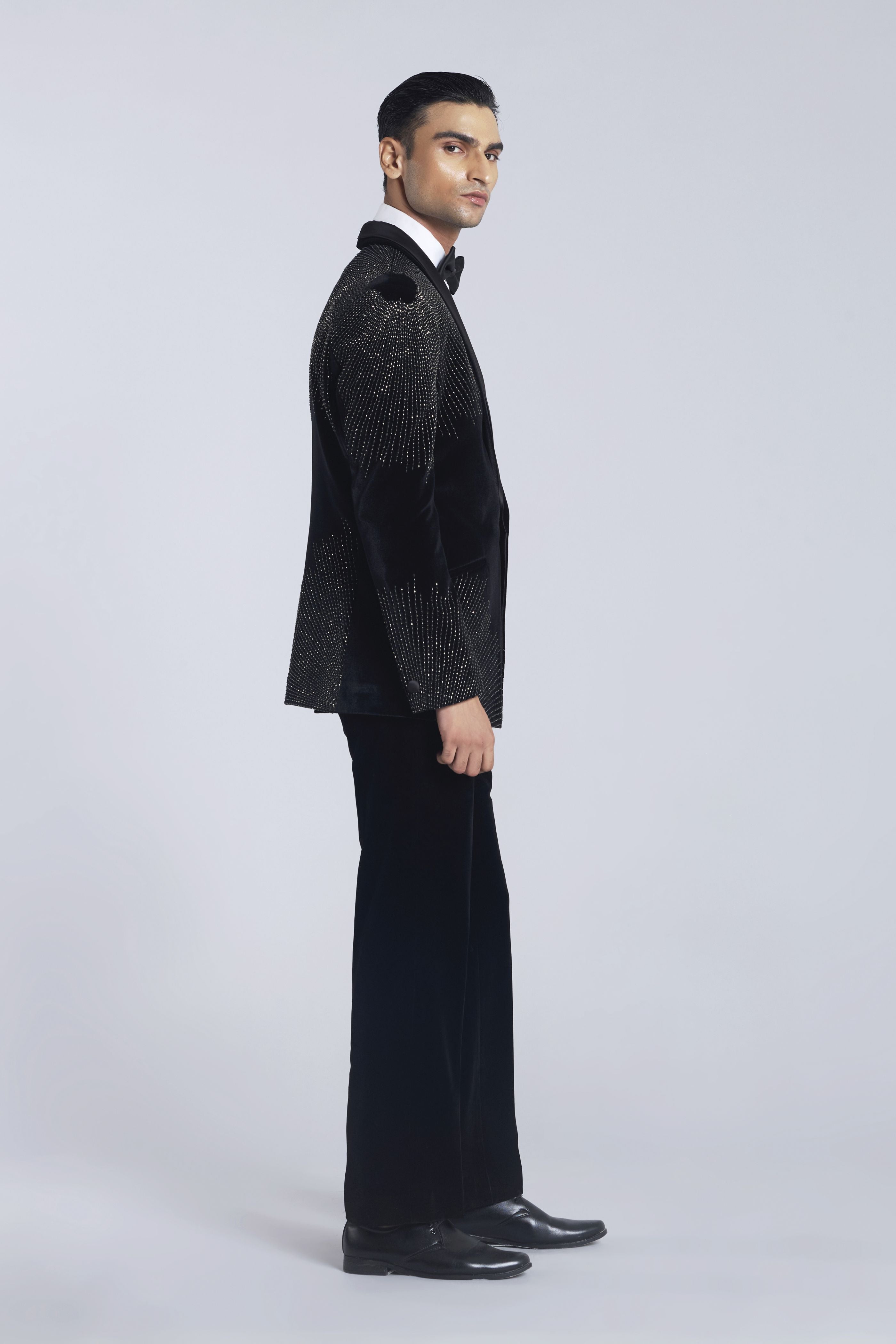 Black Sandwash Pearl placement Embroidered Tuxedo Set