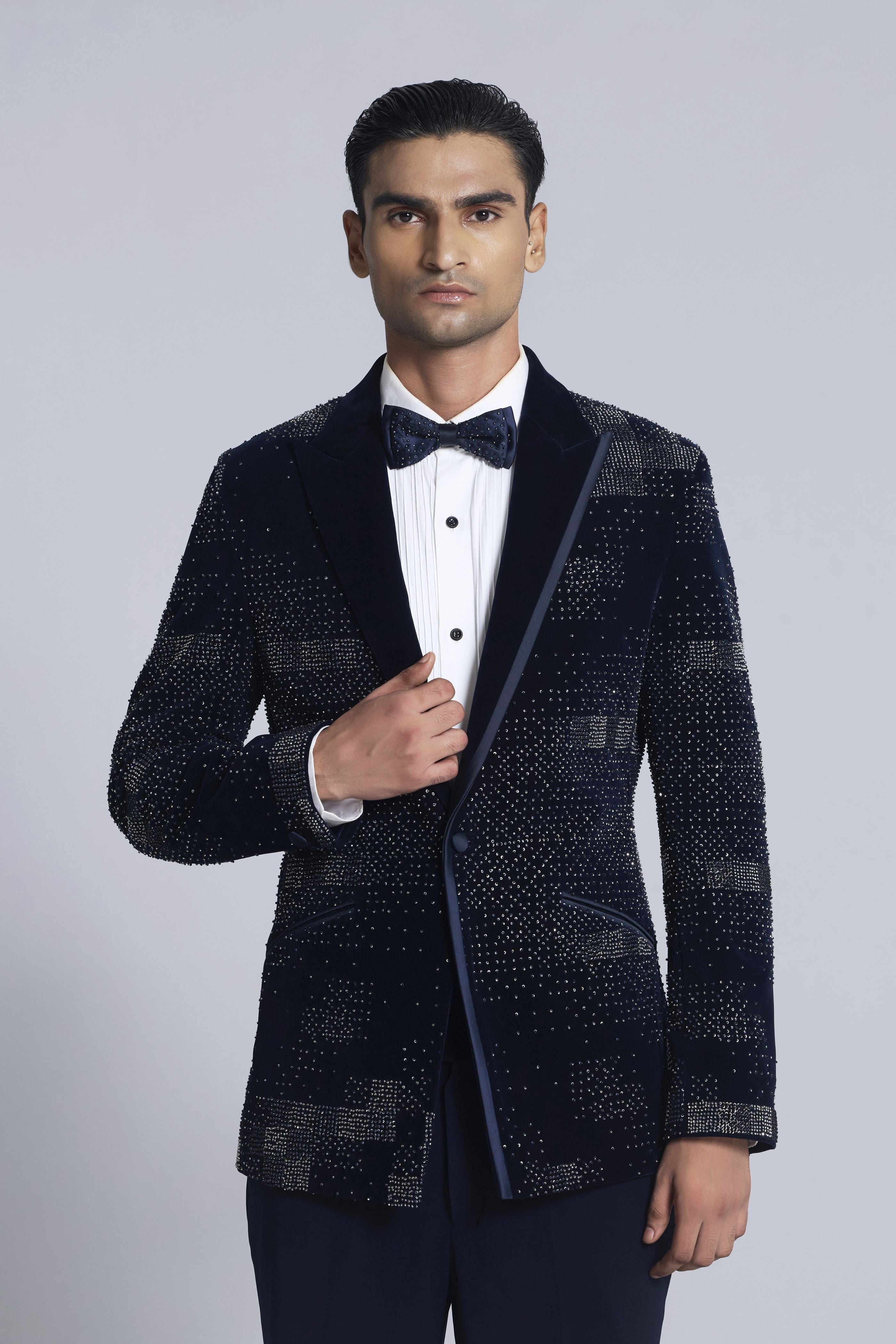 Black velvet with white detailing indo western set