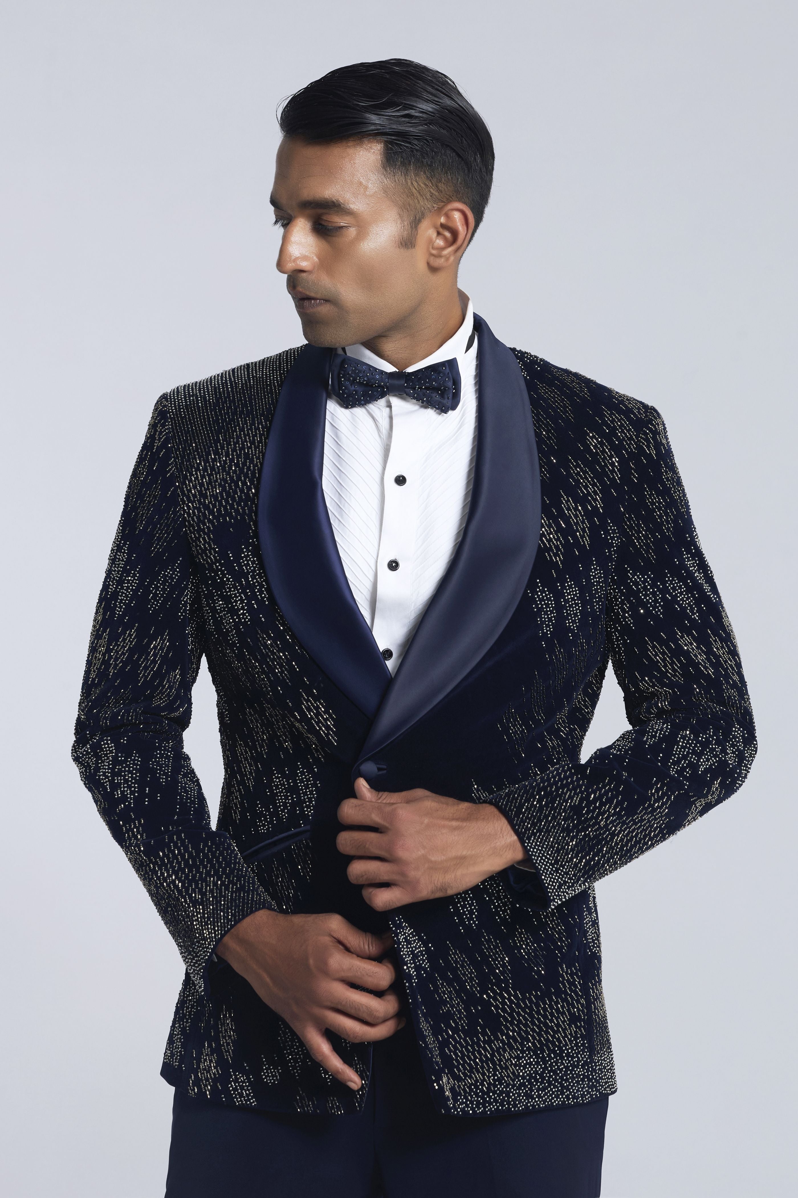 Navy blue velvet 
Pearl Embroidered 
Tuxedo Set