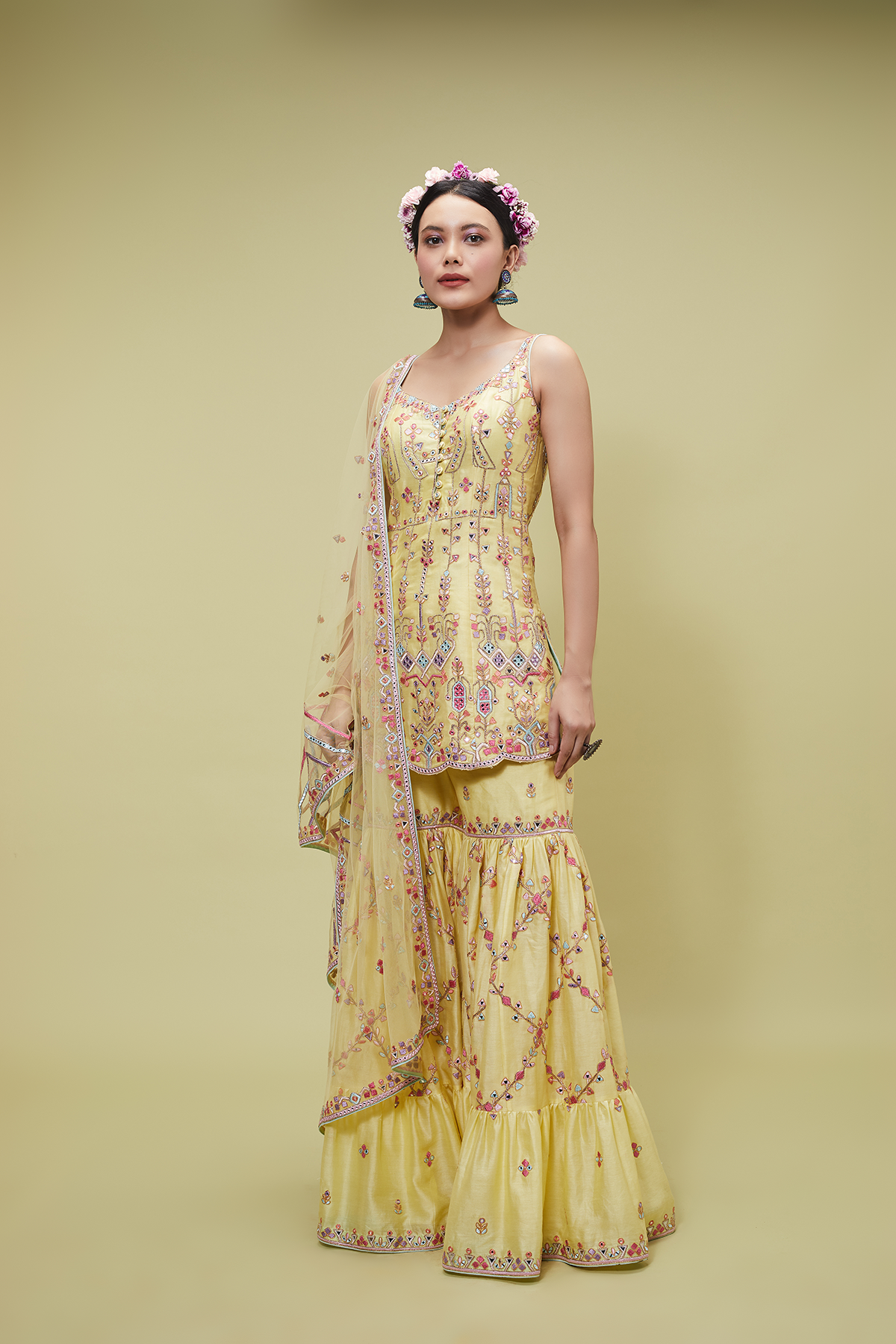 YELLOW RESHAM GHARARA SET