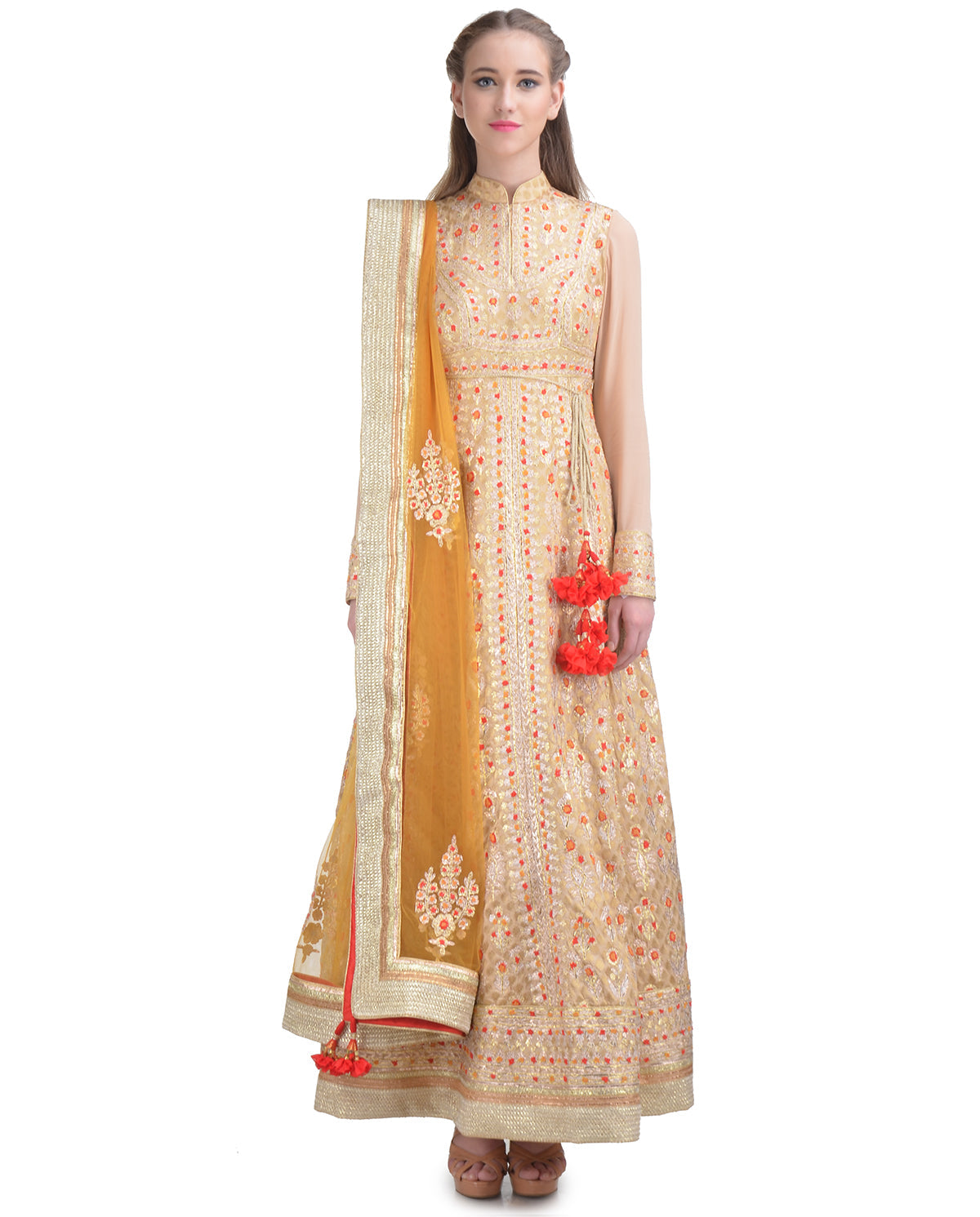 LIGHT BROWN GOTA AND THREAD EMBROIDERED SILK ANARKALI