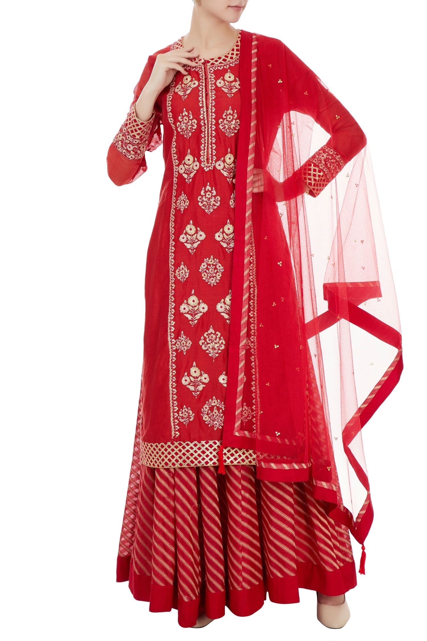 Red kurta with lehenga set