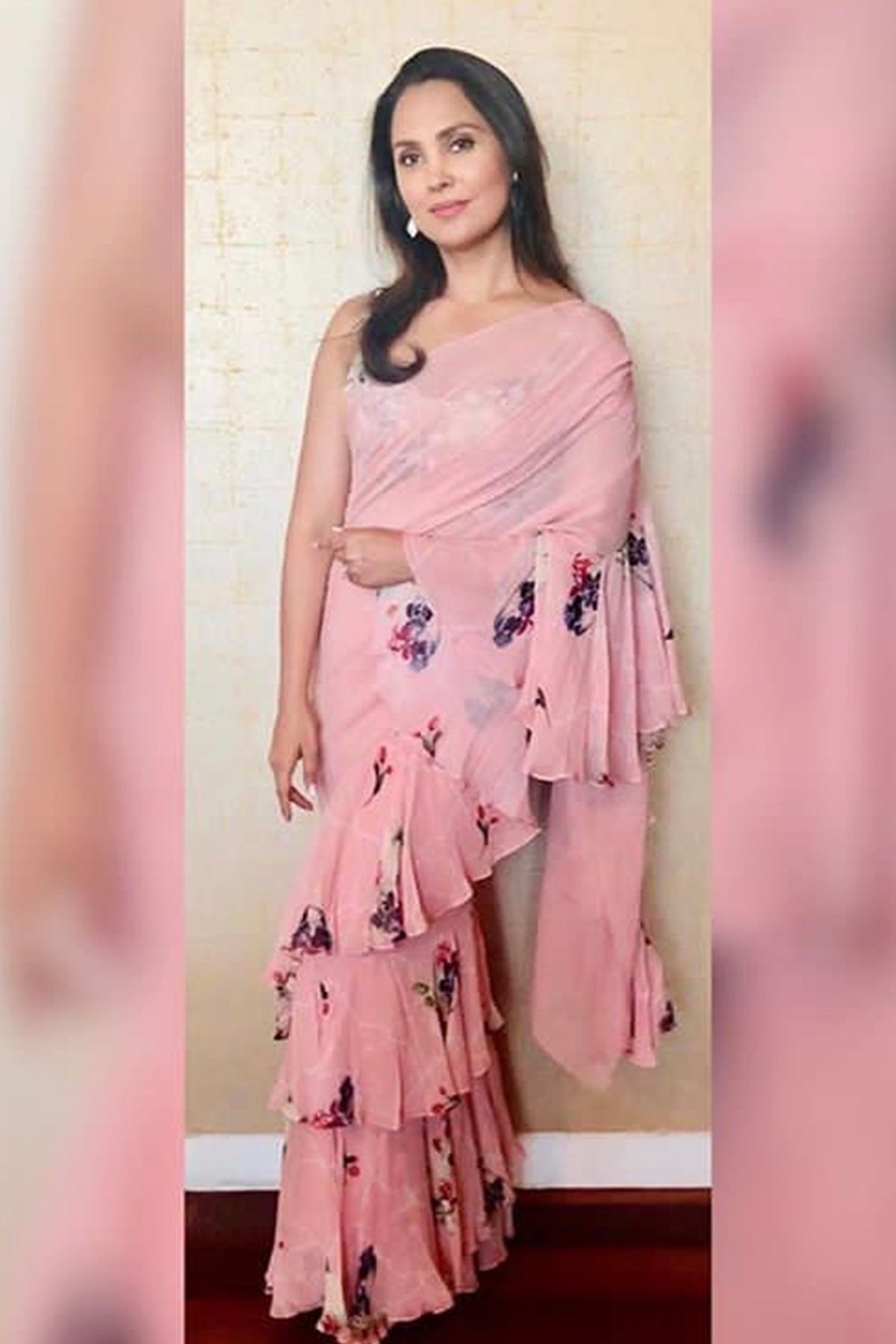 Lara Dutta In Aquamarineruffle Saree