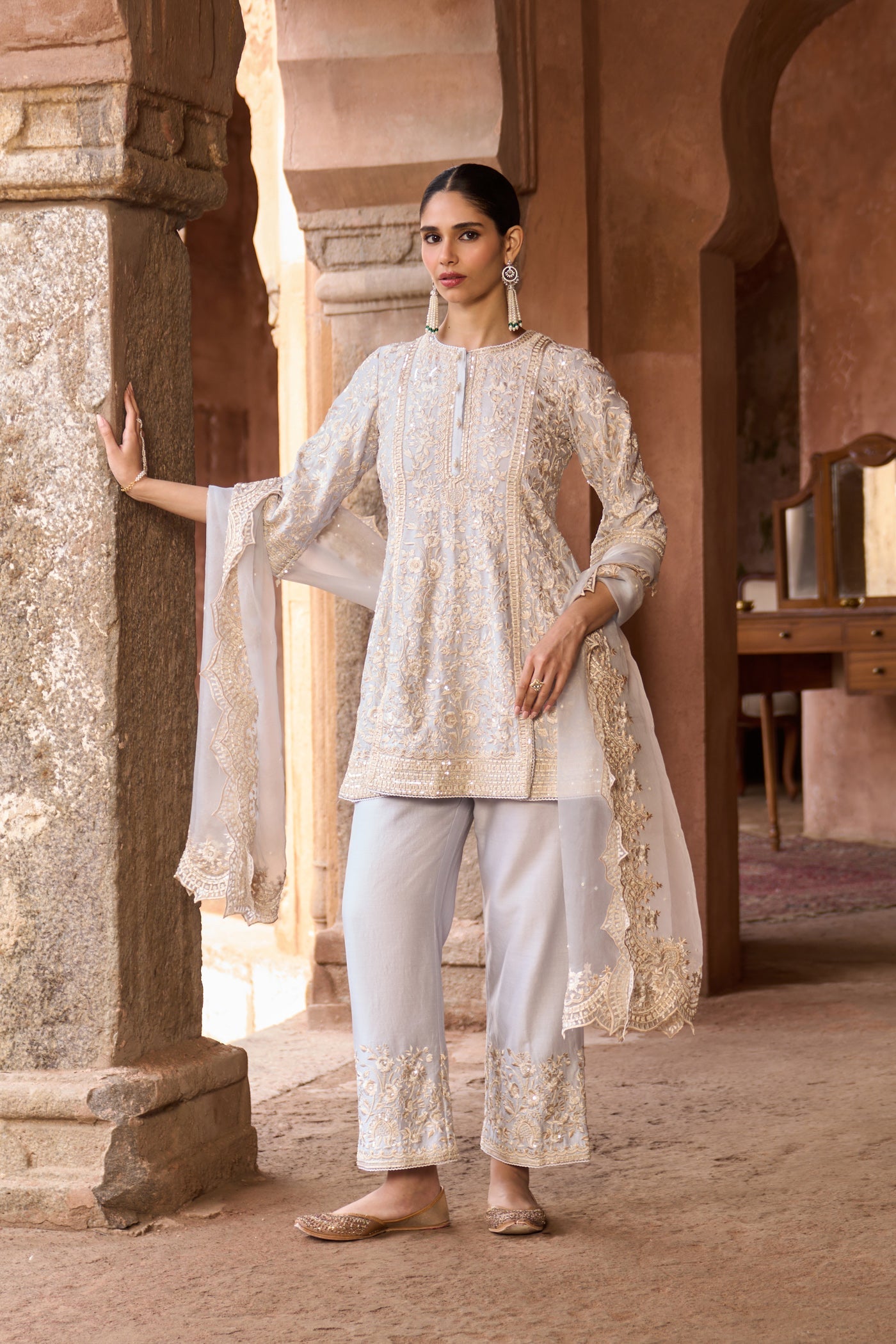 SABOOR - BLUE SHORT A-LINE KURTA WITH STRAIGHT PANTS AND DUPATTA