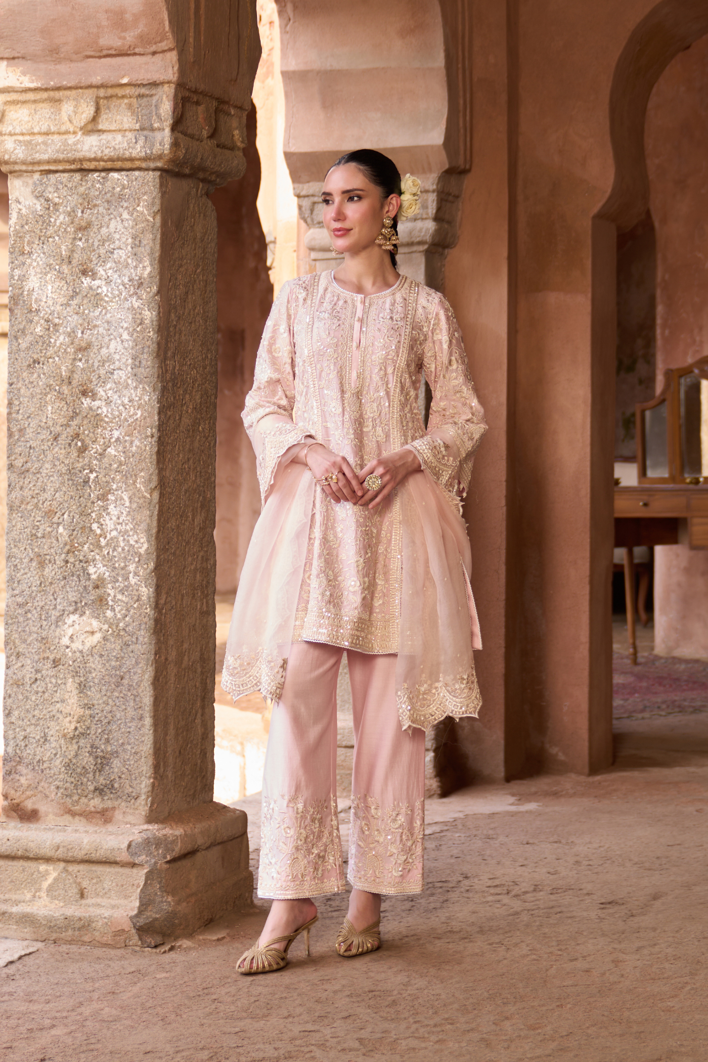 SABOOR - PINK SHORT A-LINE KURTA WITH STRAIGHT PANTS AND DUPATTA
