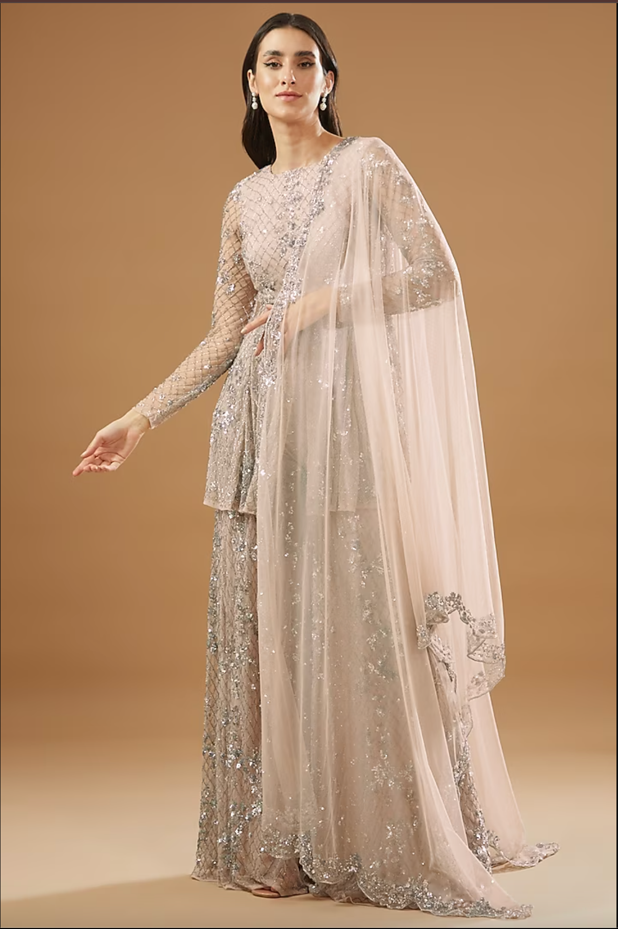 Pink Net Embroidered Sharara Set