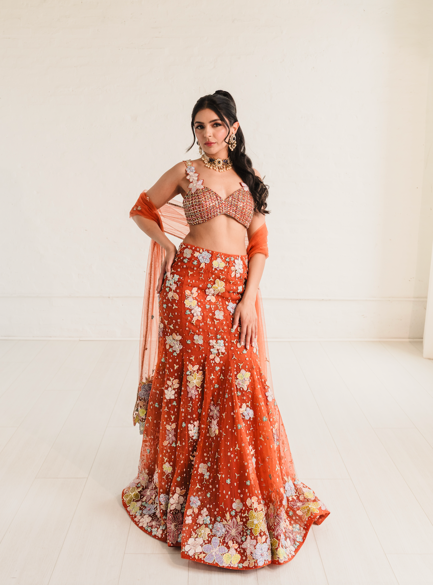 Verphine - Orange Tulle Net Mermaid Lehenga Set - Ready To Ship