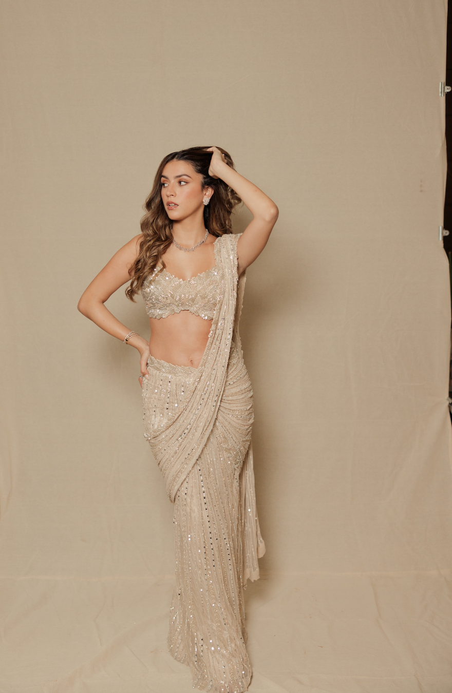 Beigh Stitched Ready To Wear Saree - Ready To Ship