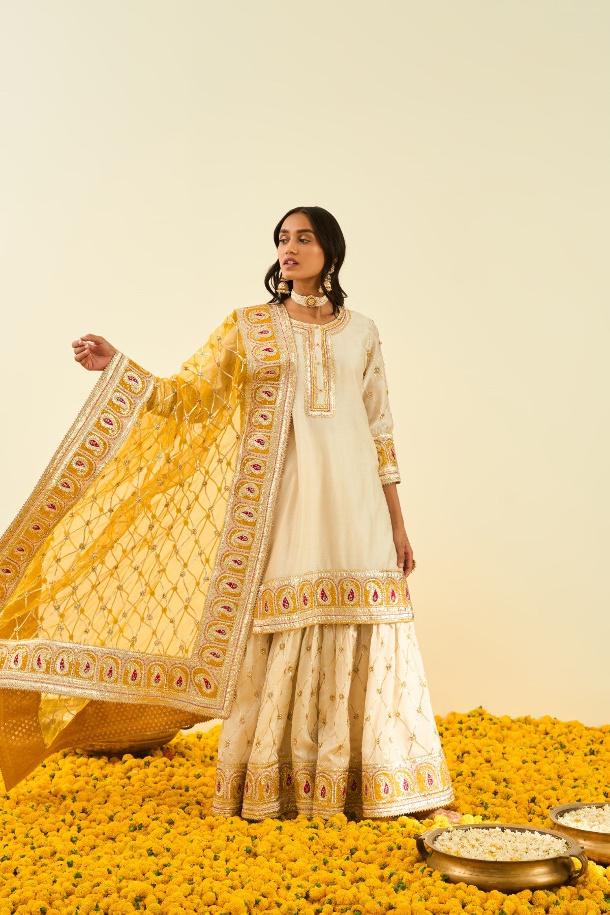 Tina Kakkad In Shabina- Daisy Ivory  short kurta with garara and dupatta