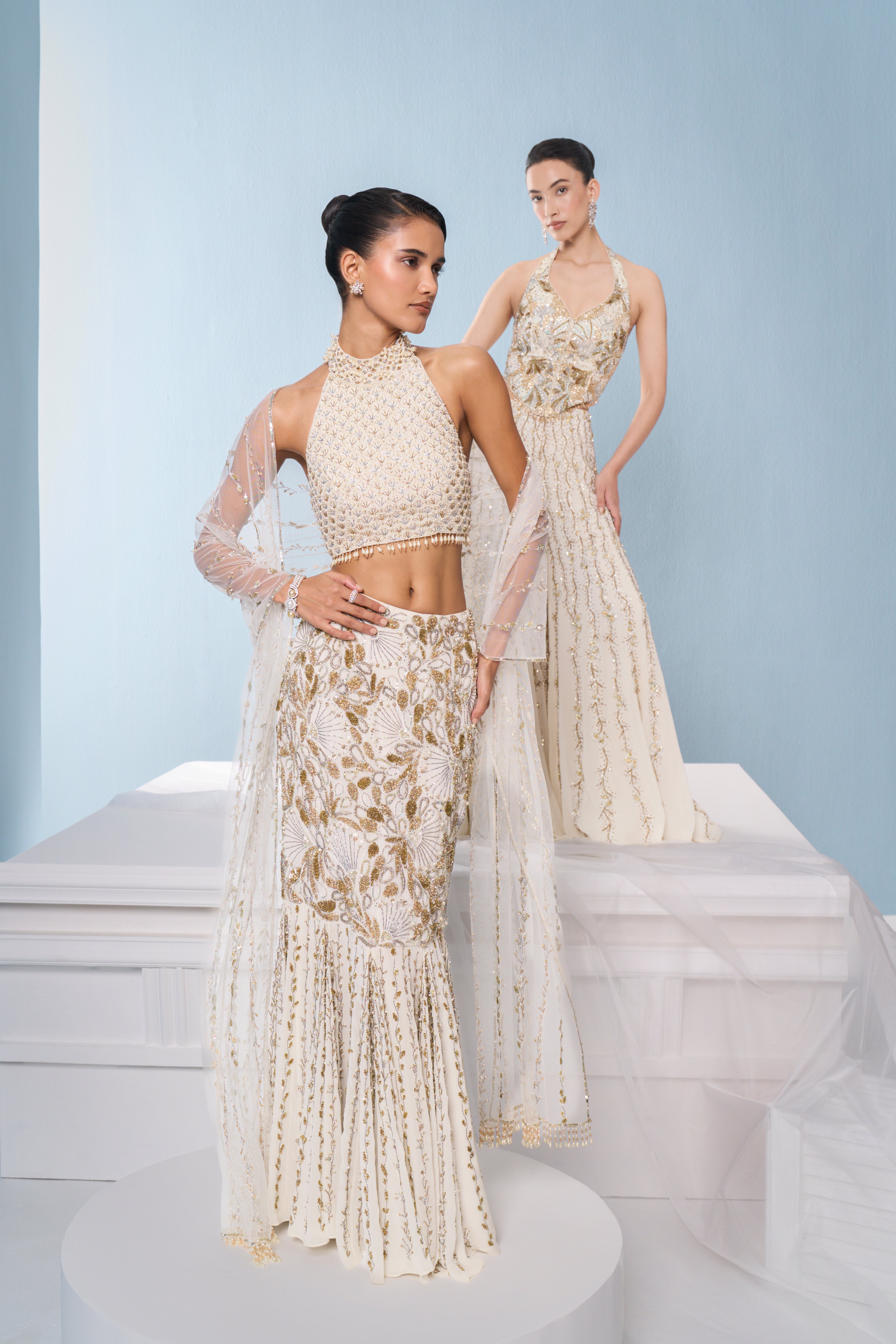 Ivory Georgette  Fit And Flare Lehenga Set