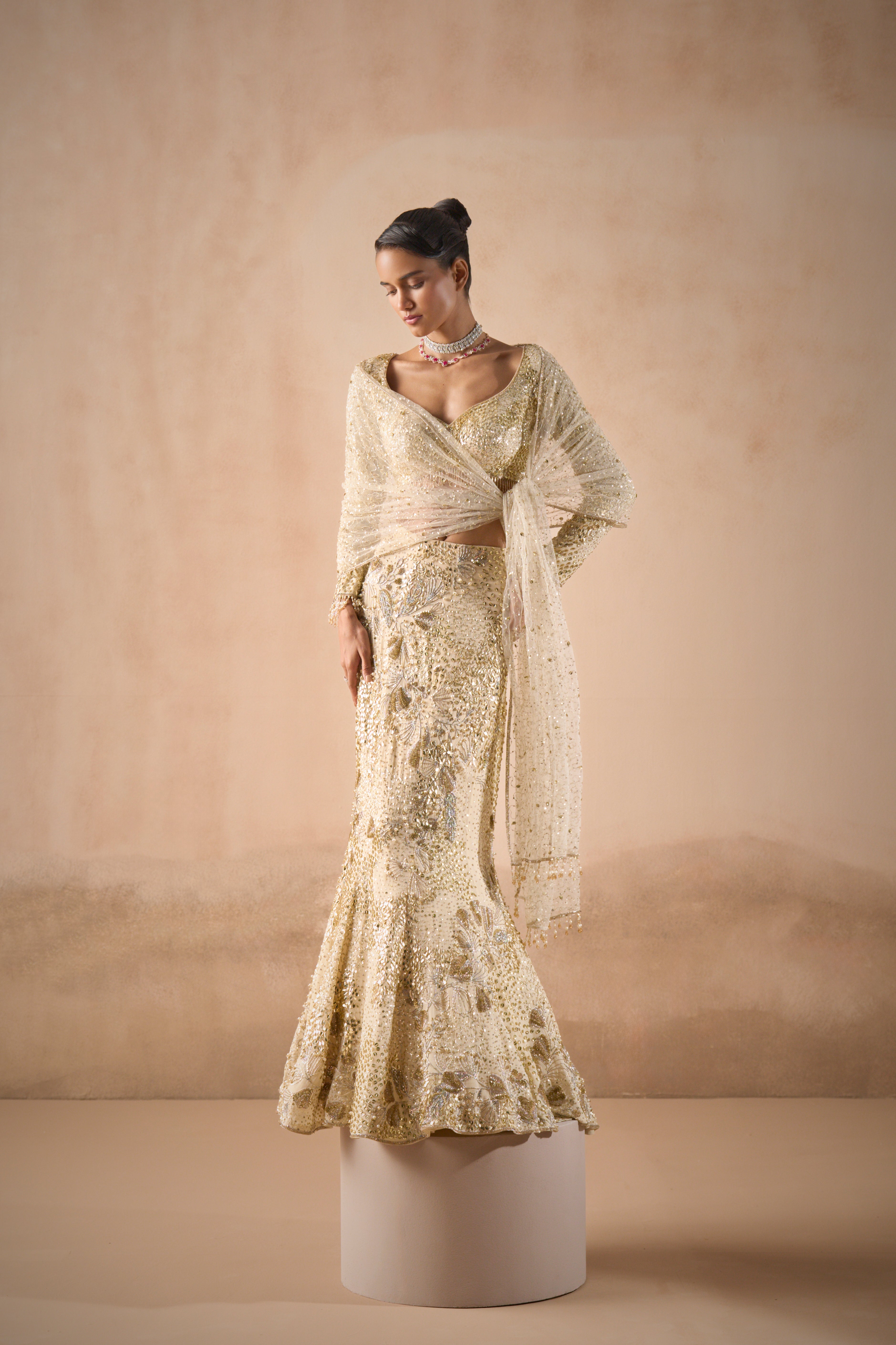 Ivory Georgette Fit And Flare Lehenga Set