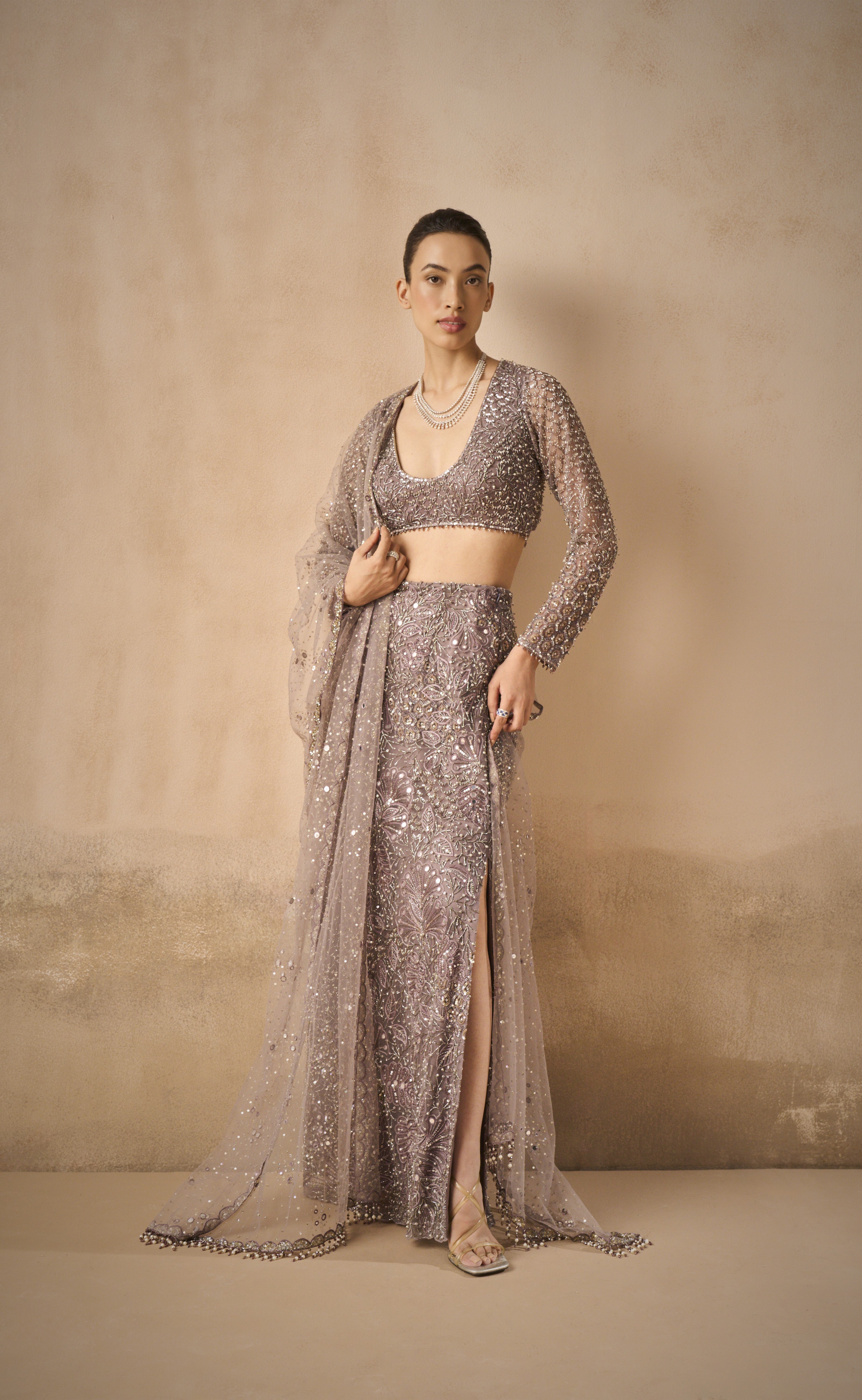Lilac Tulle Straight Skirt With Slit
