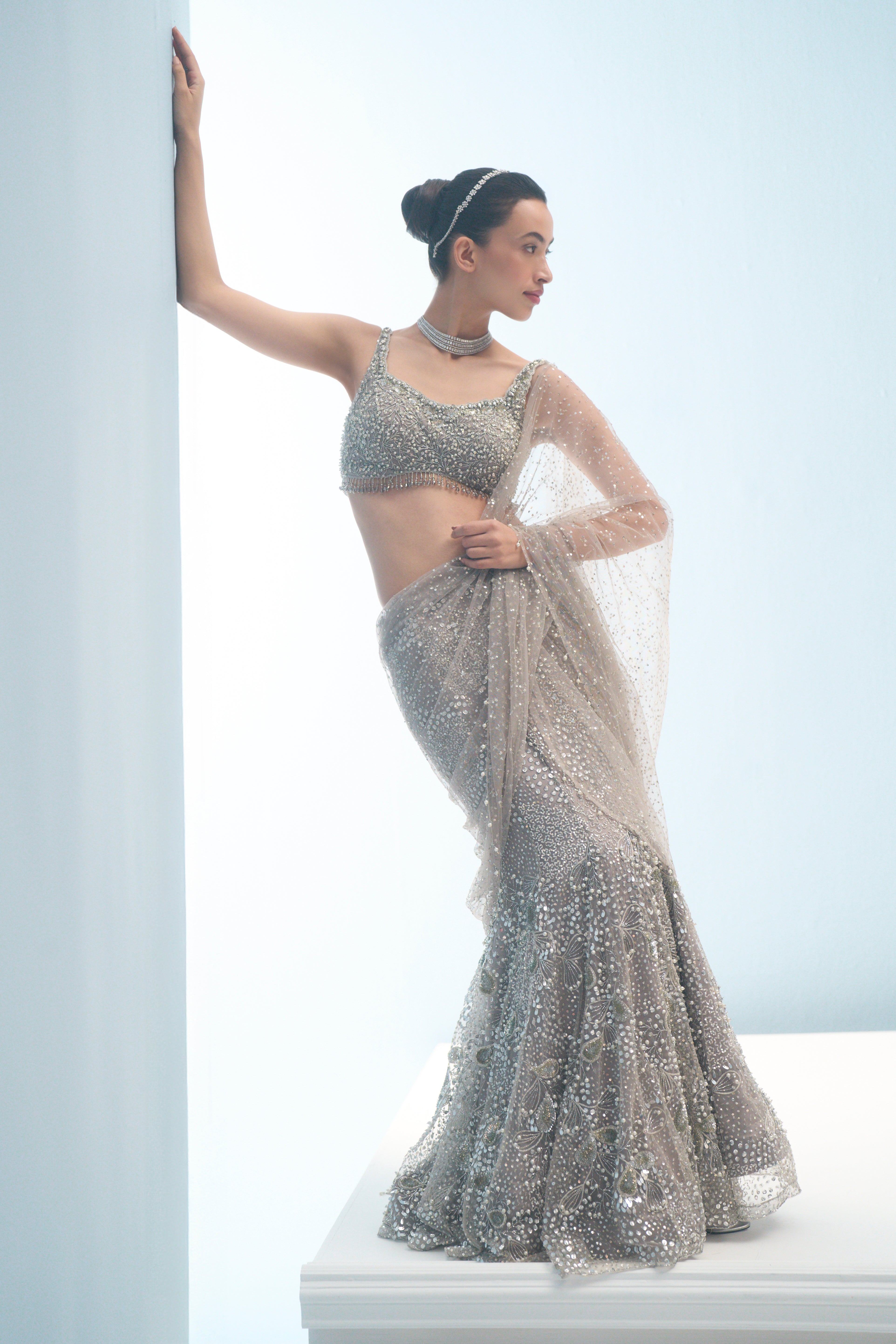 Silver Grey Tulle  Drape Lehenga Set