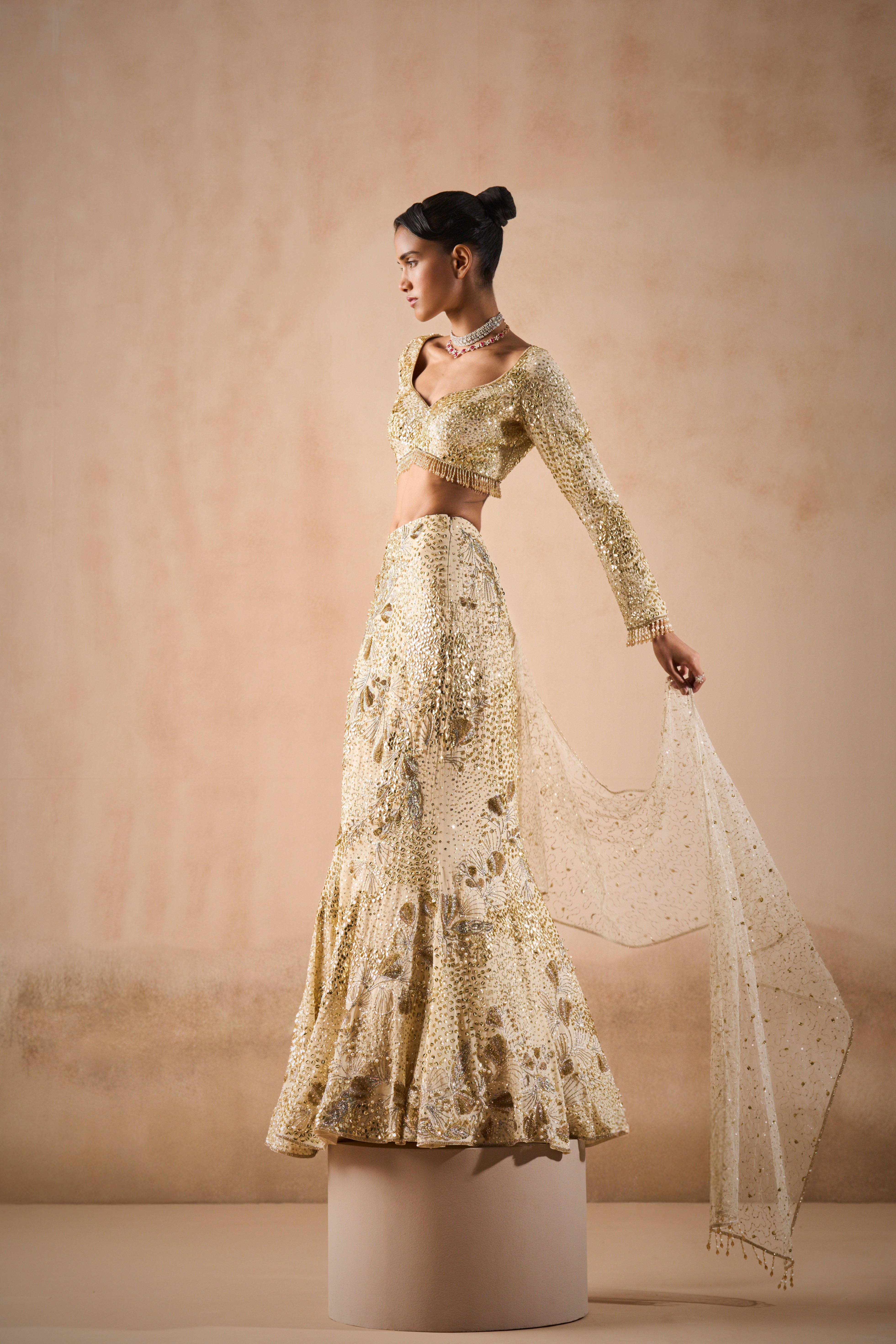 Ivory Georgette Fit And Flare Lehenga Set
