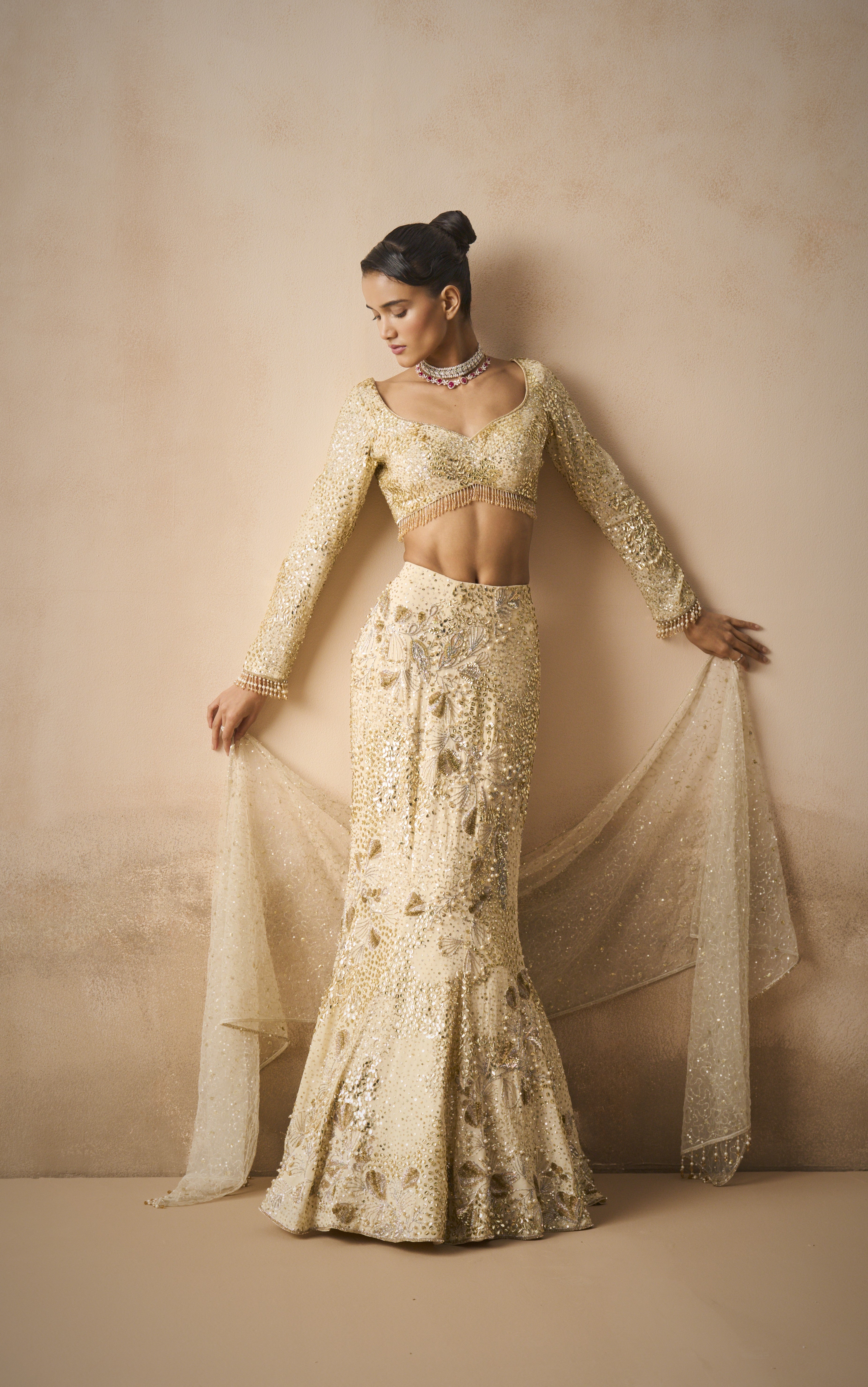 Ivory Georgette Fit And Flare Lehenga Set