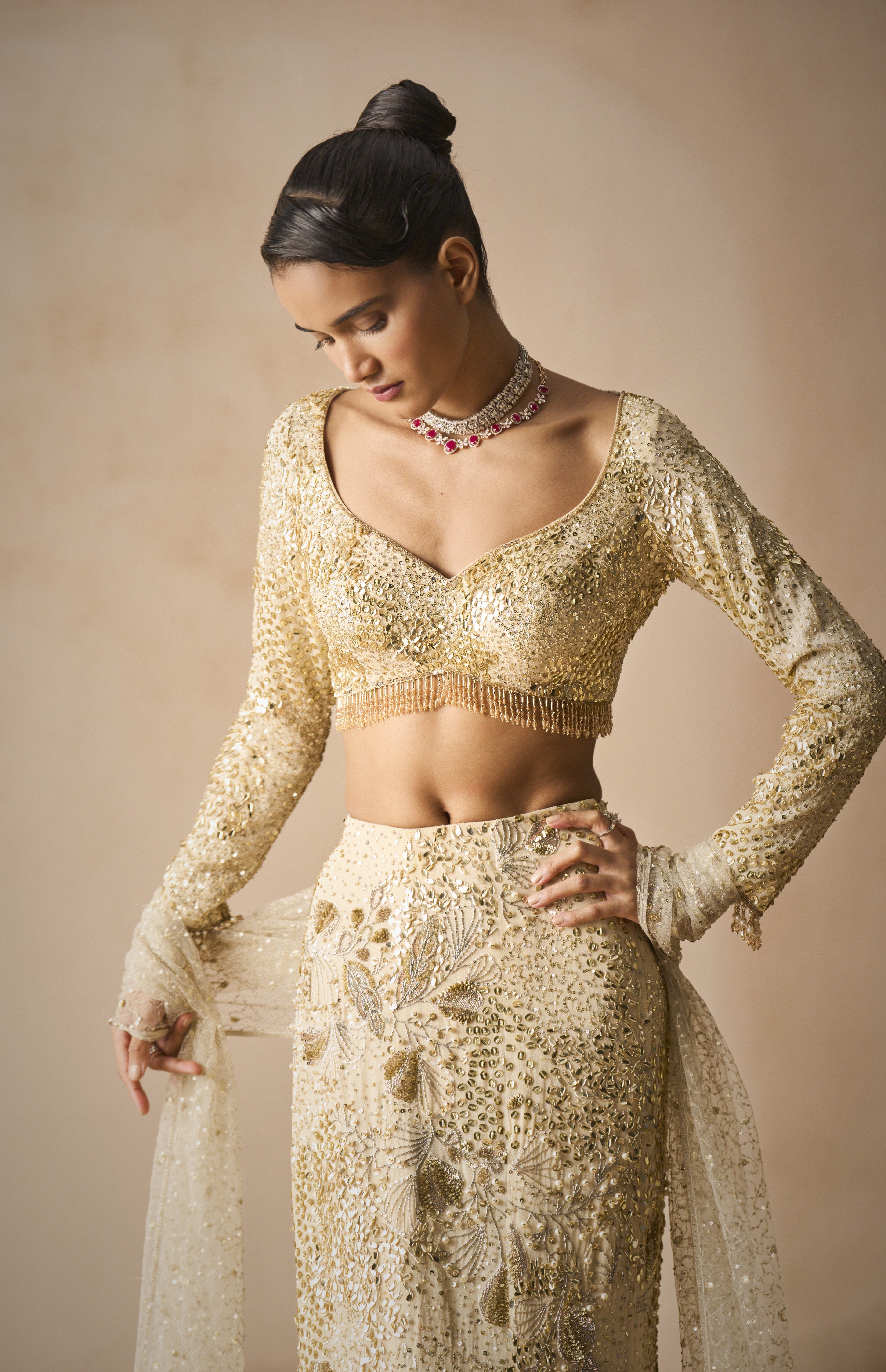 Ivory Georgette Fit And Flare Lehenga Set