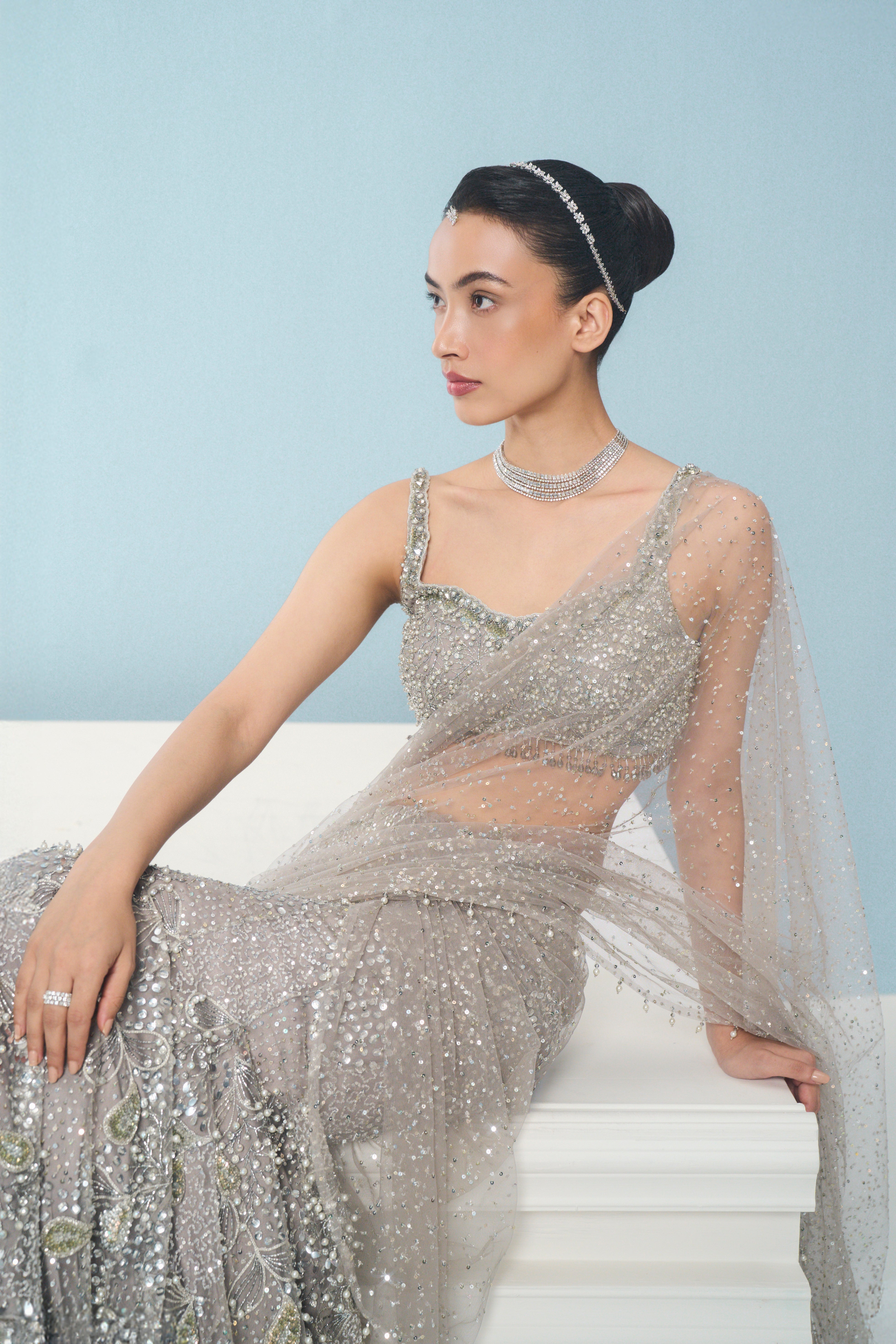 Silver Grey Tulle  Drape Lehenga Set