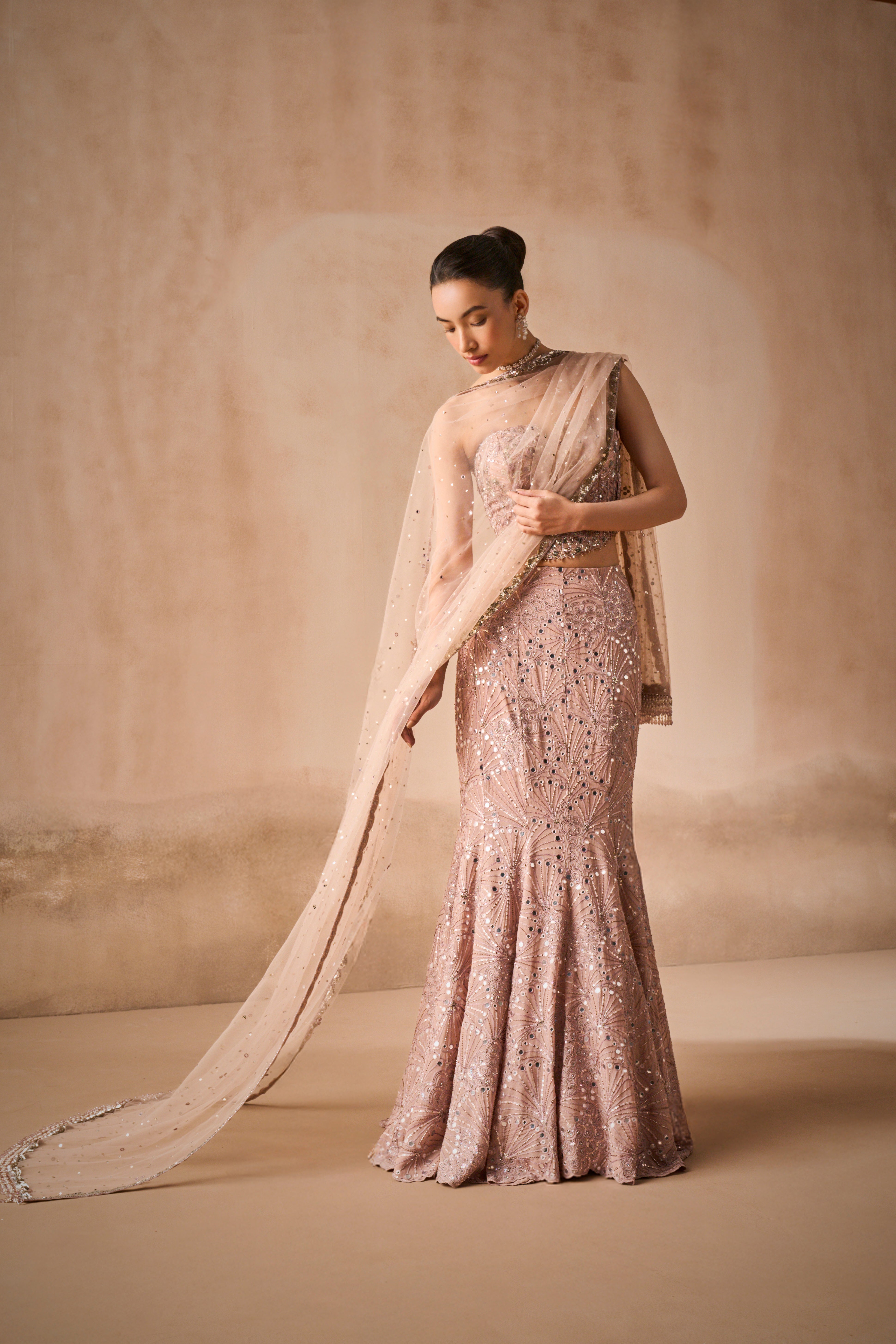 Mauve Pink Georgette Fit And Flare Lehenga Set