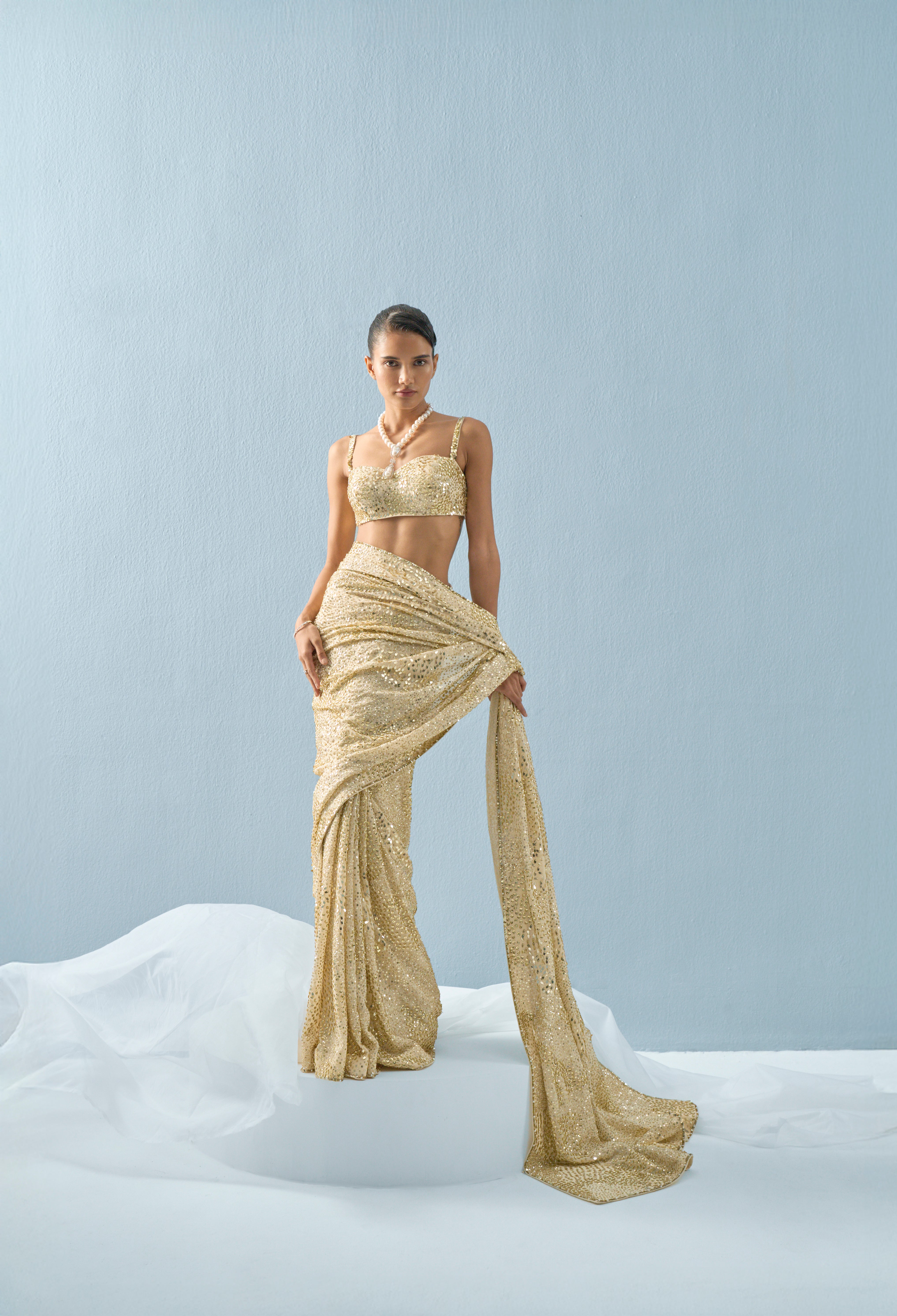 Ivory Georgette Sparkle Saree Set