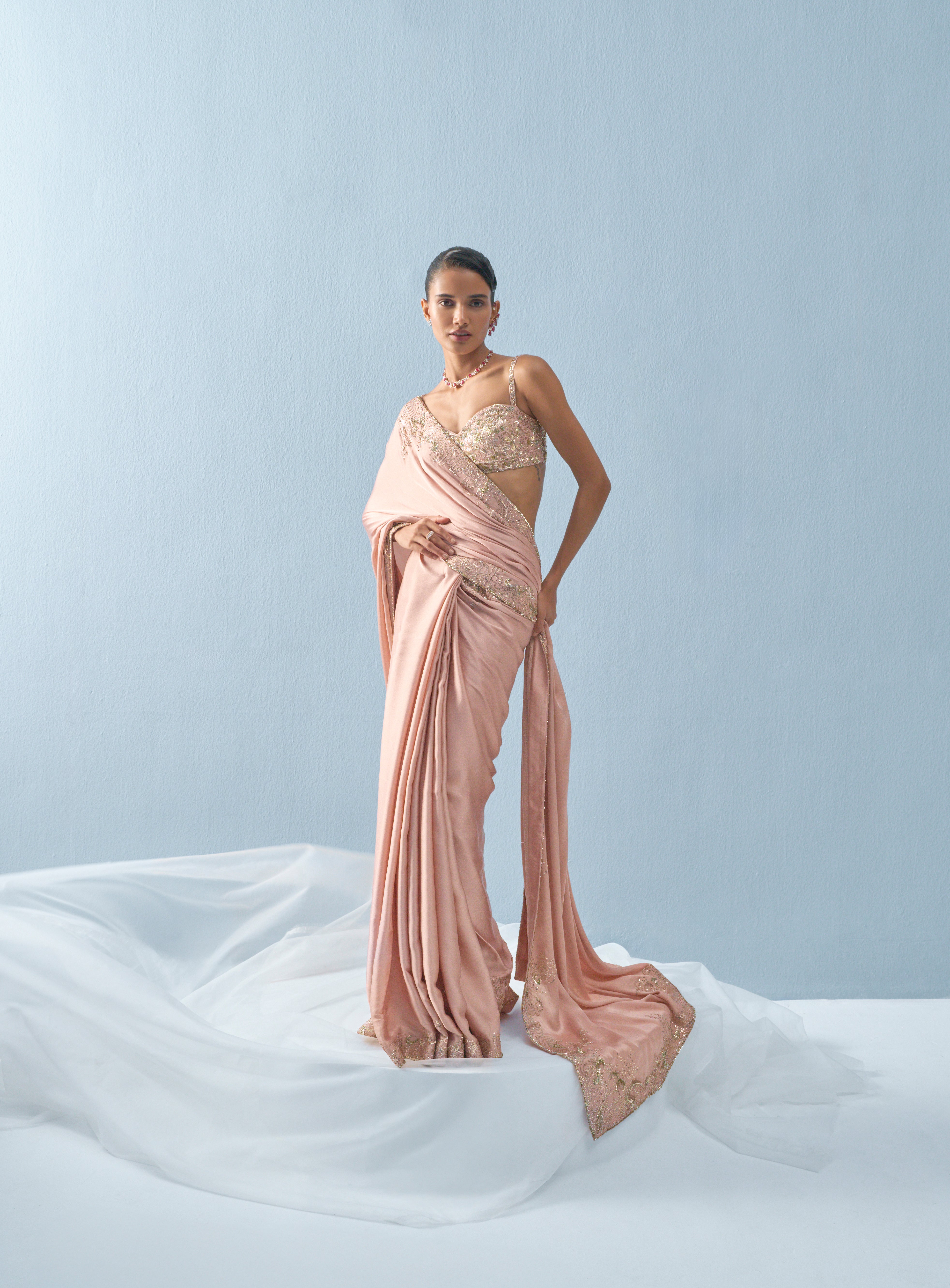 Nude Pink Satin Saree Set