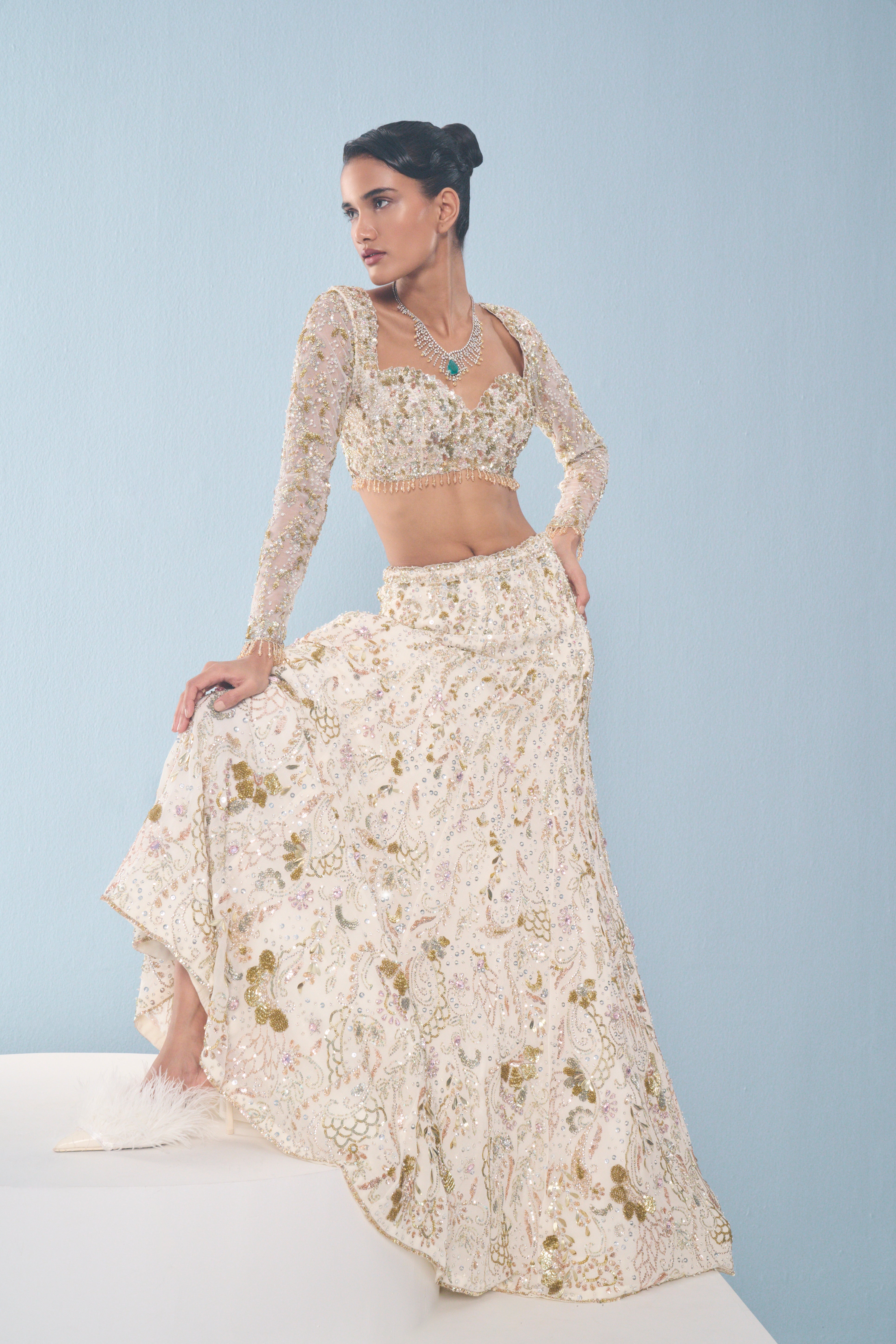 Ivory Georgette Fitted  Lehenga Set