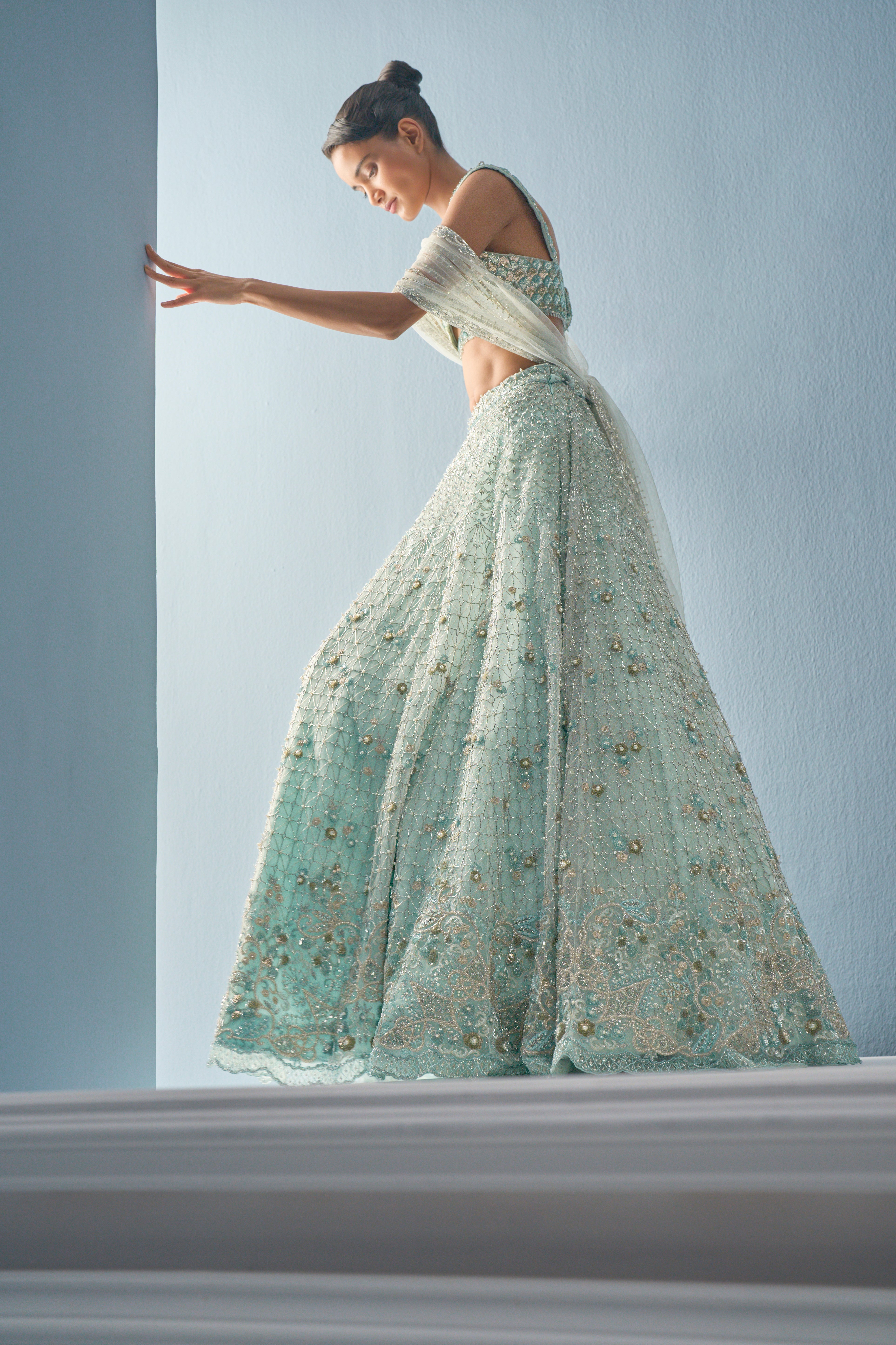 Aqua Blue Tulle Lehenga Set