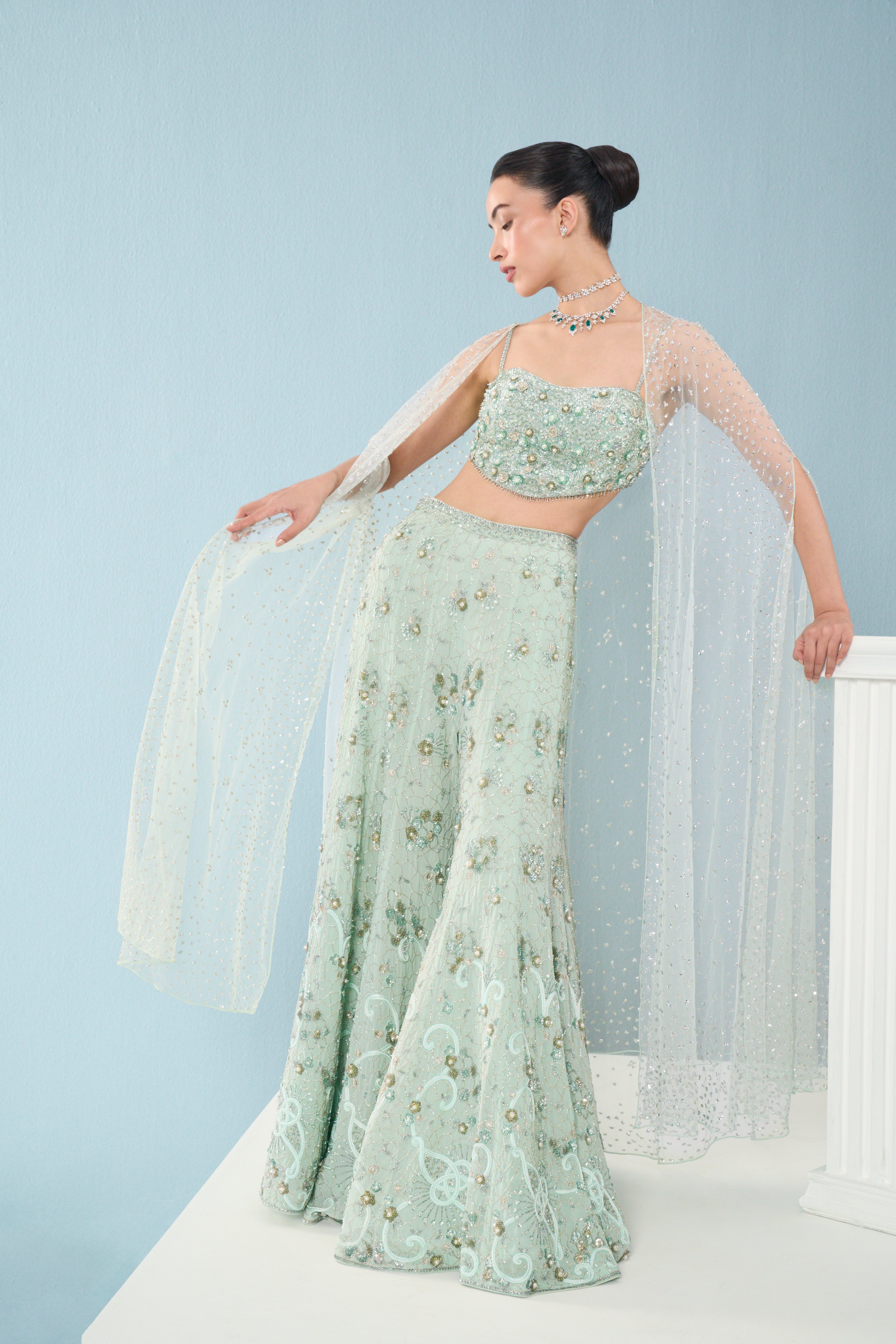 Sea Green Georgette High Waist Sharara And Cape Set