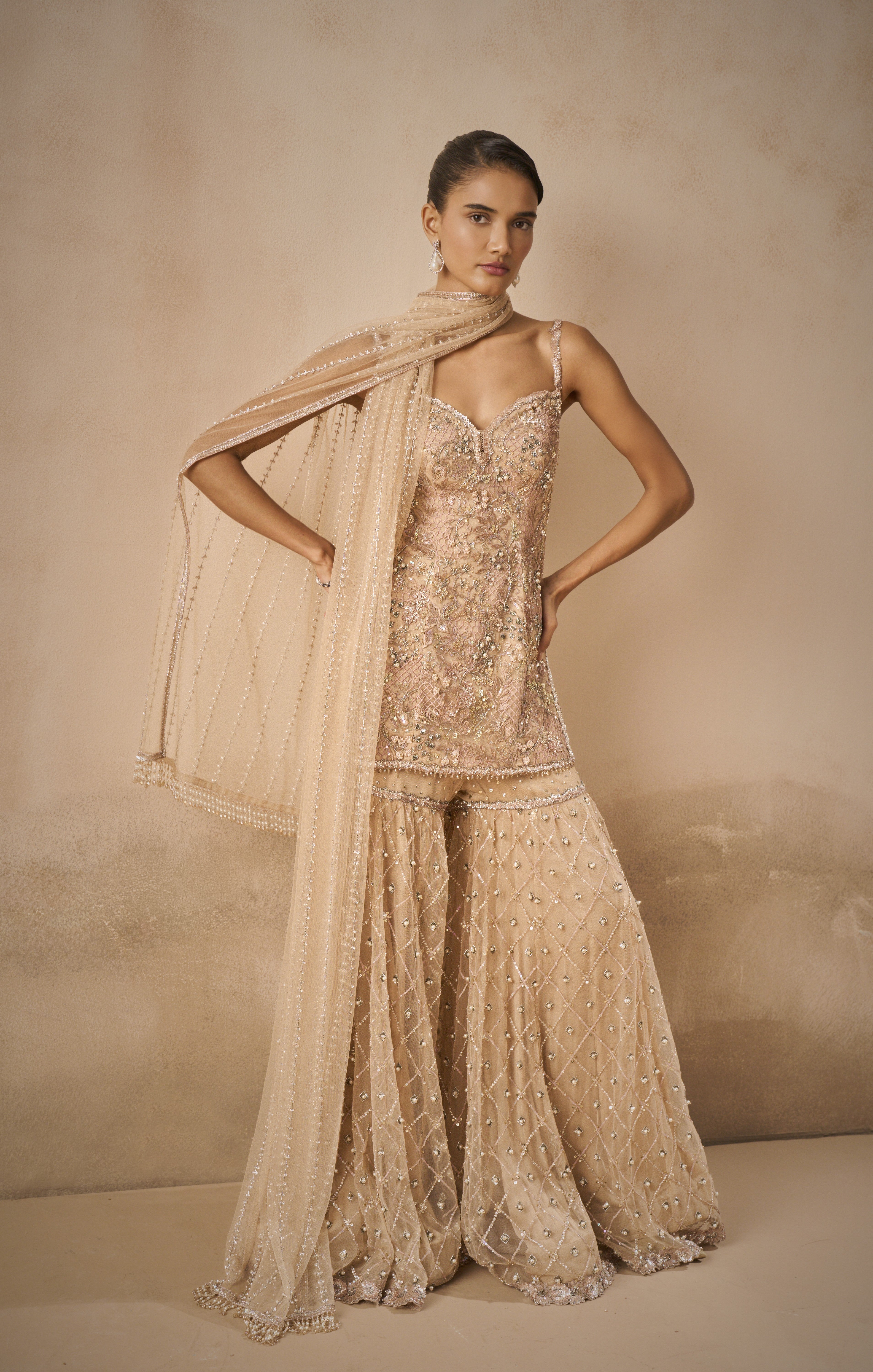 Biscuit Brown Tulle Strappy Gharara  Set