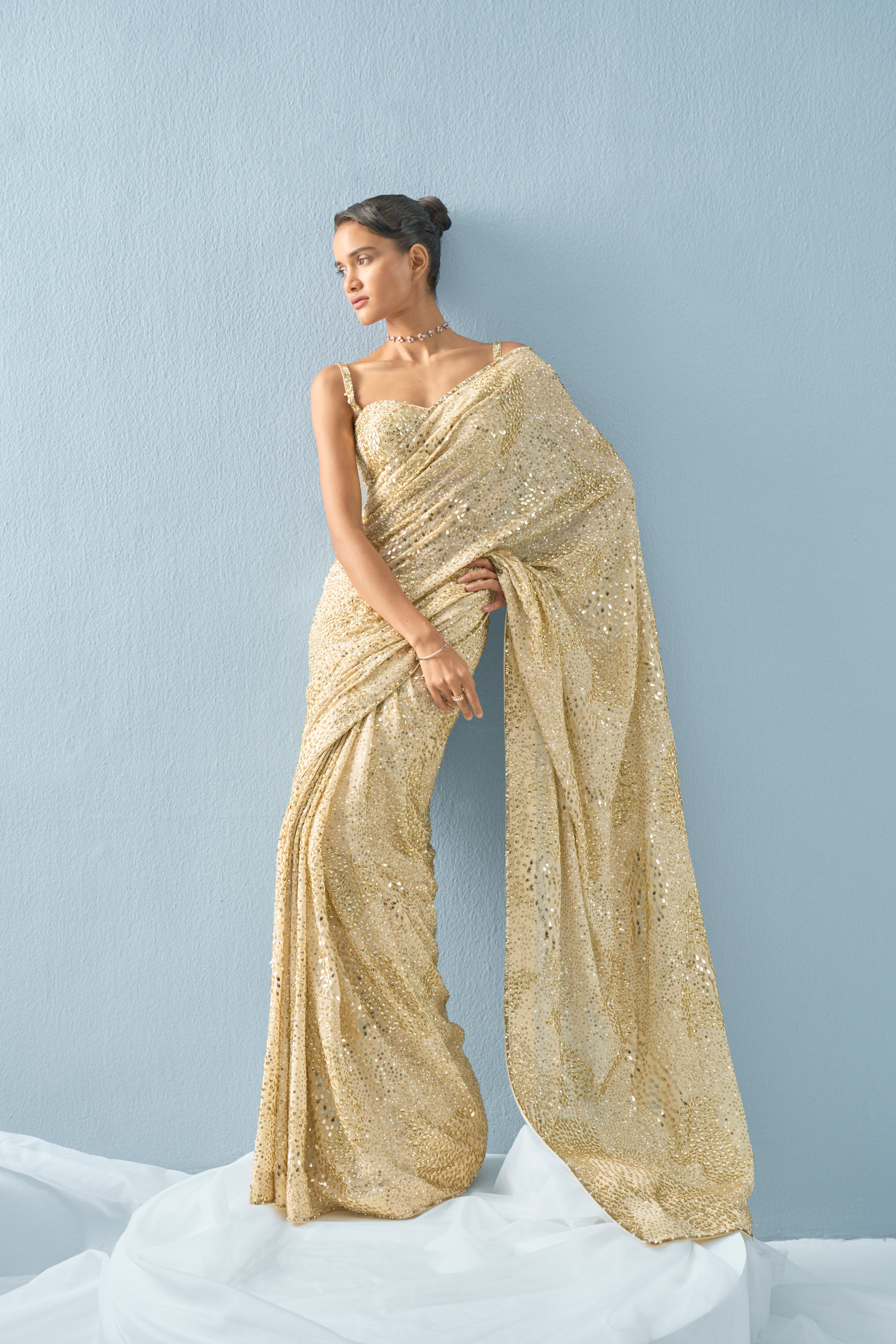 Ivory Georgette Sparkle Saree Set