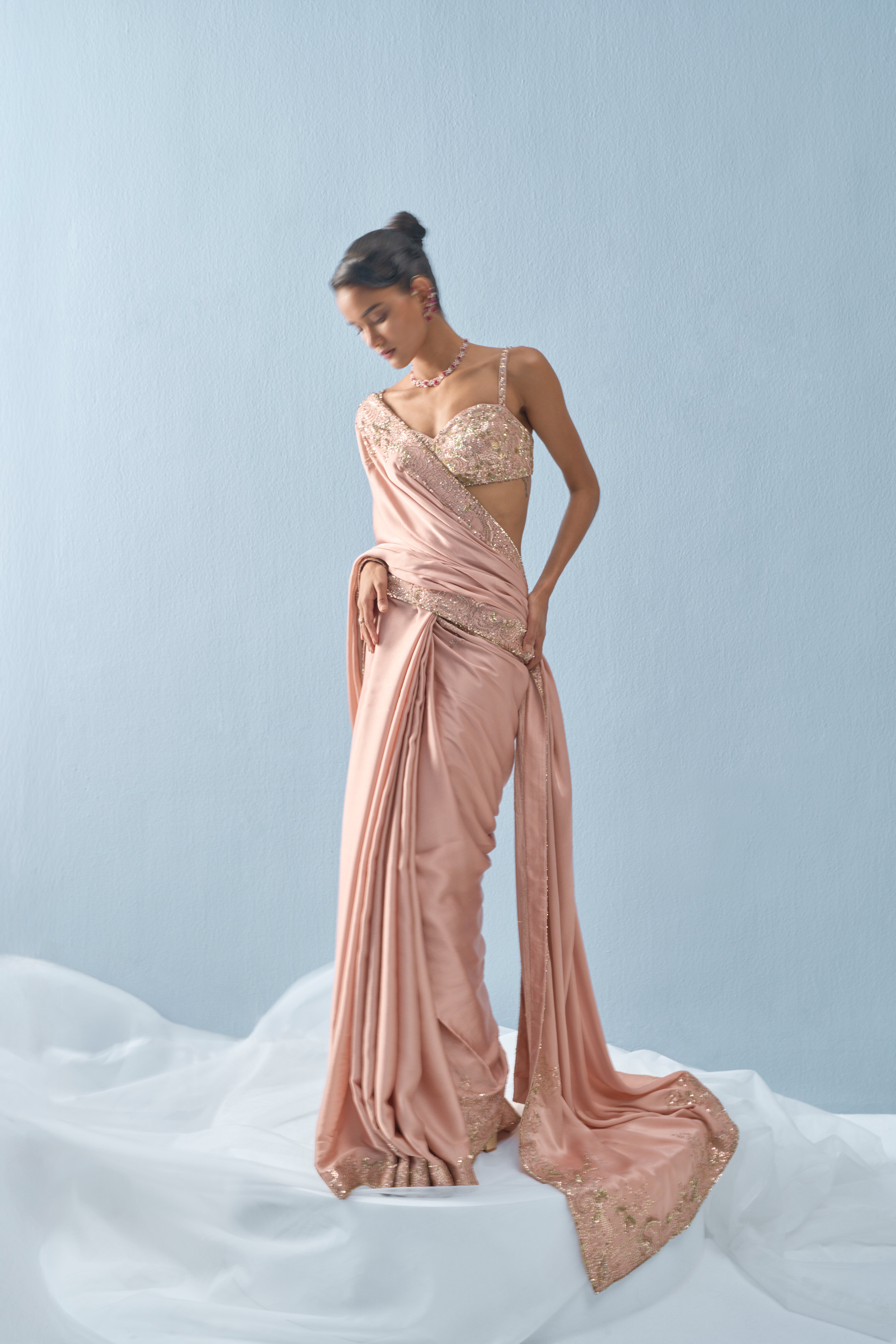 Nude Pink Satin Saree Set