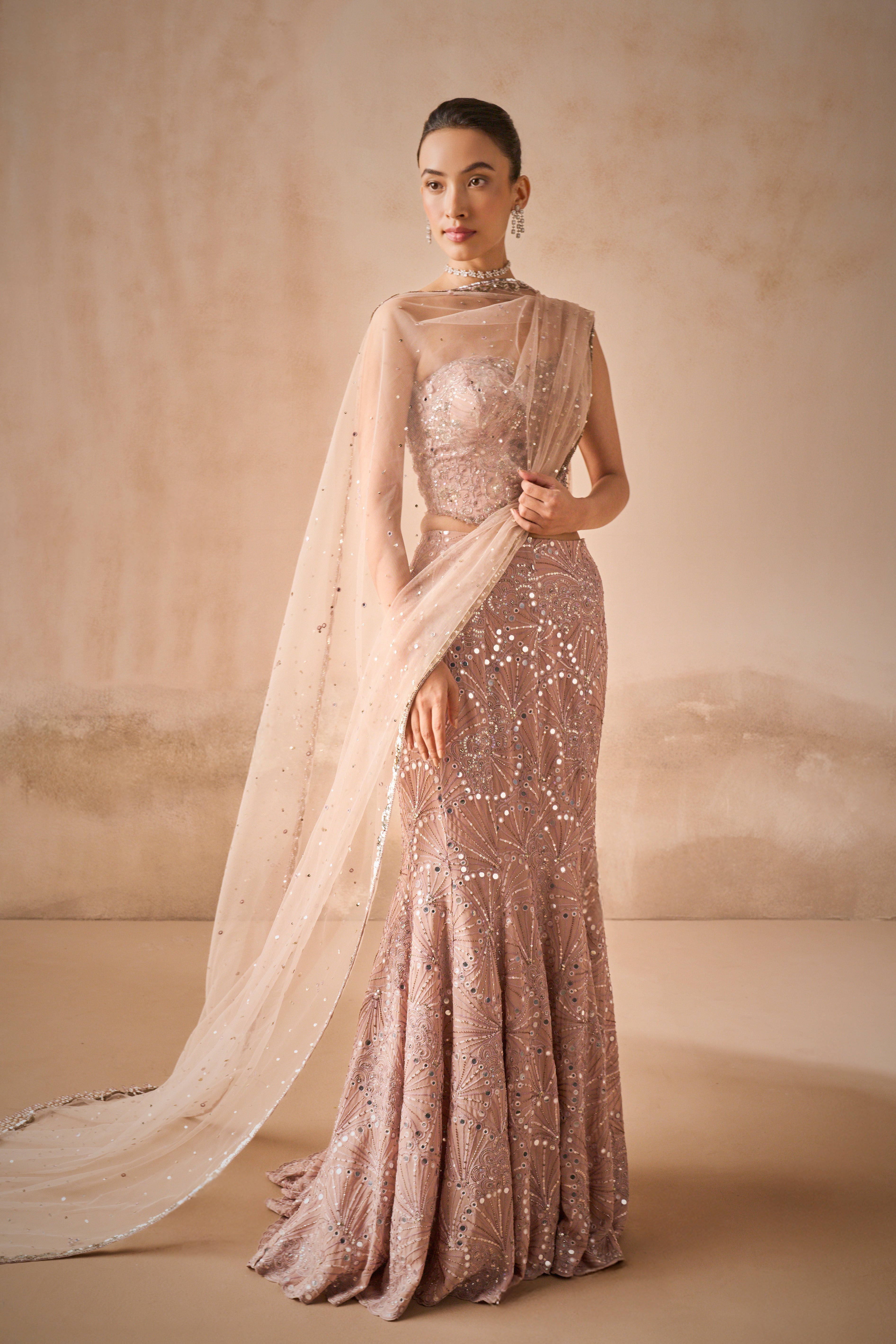 Mauve Pink Georgette Fit And Flare Lehenga Set